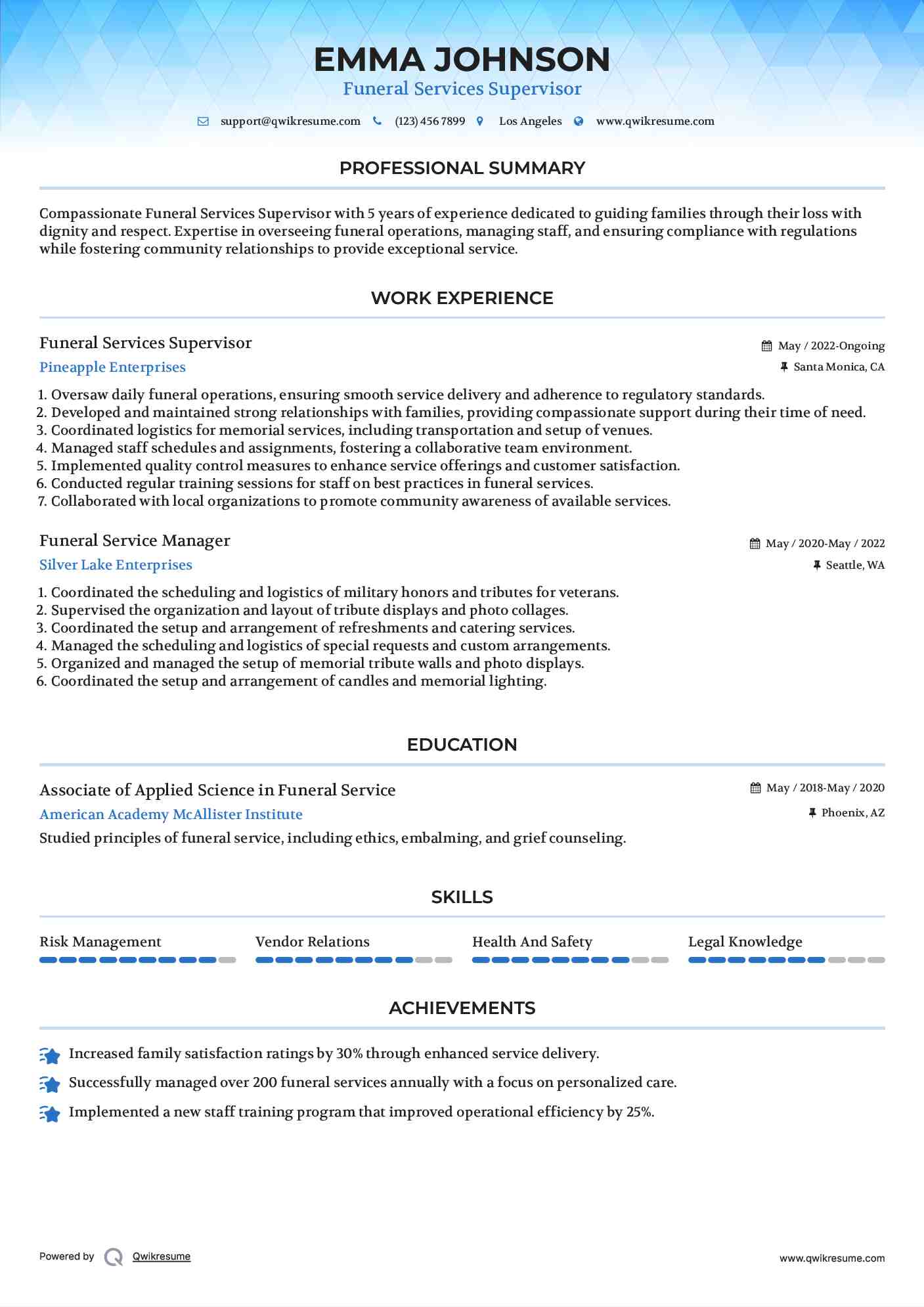 Funeral Services Supervisor Resume Template