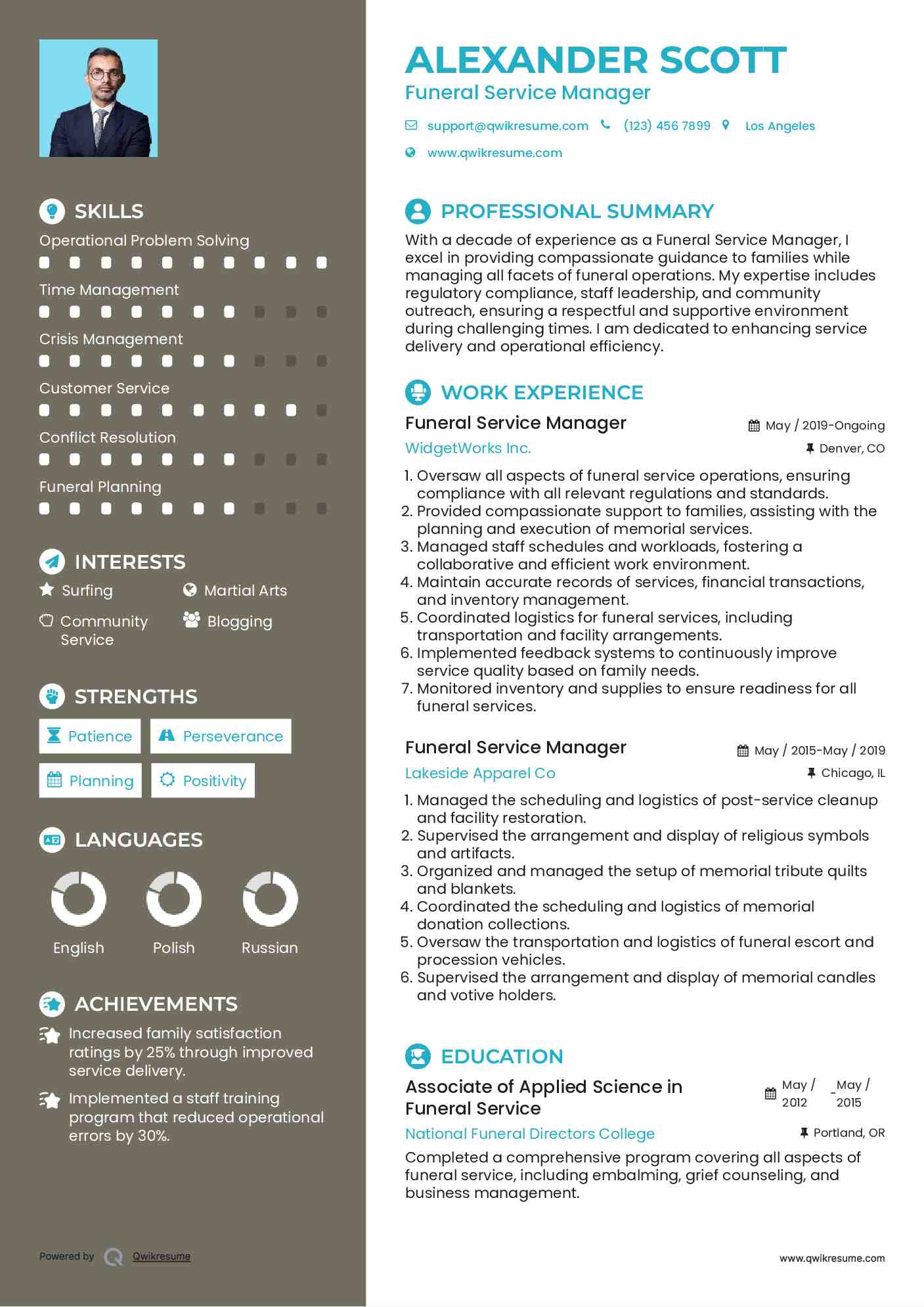 Funeral Service Manager Resume Example