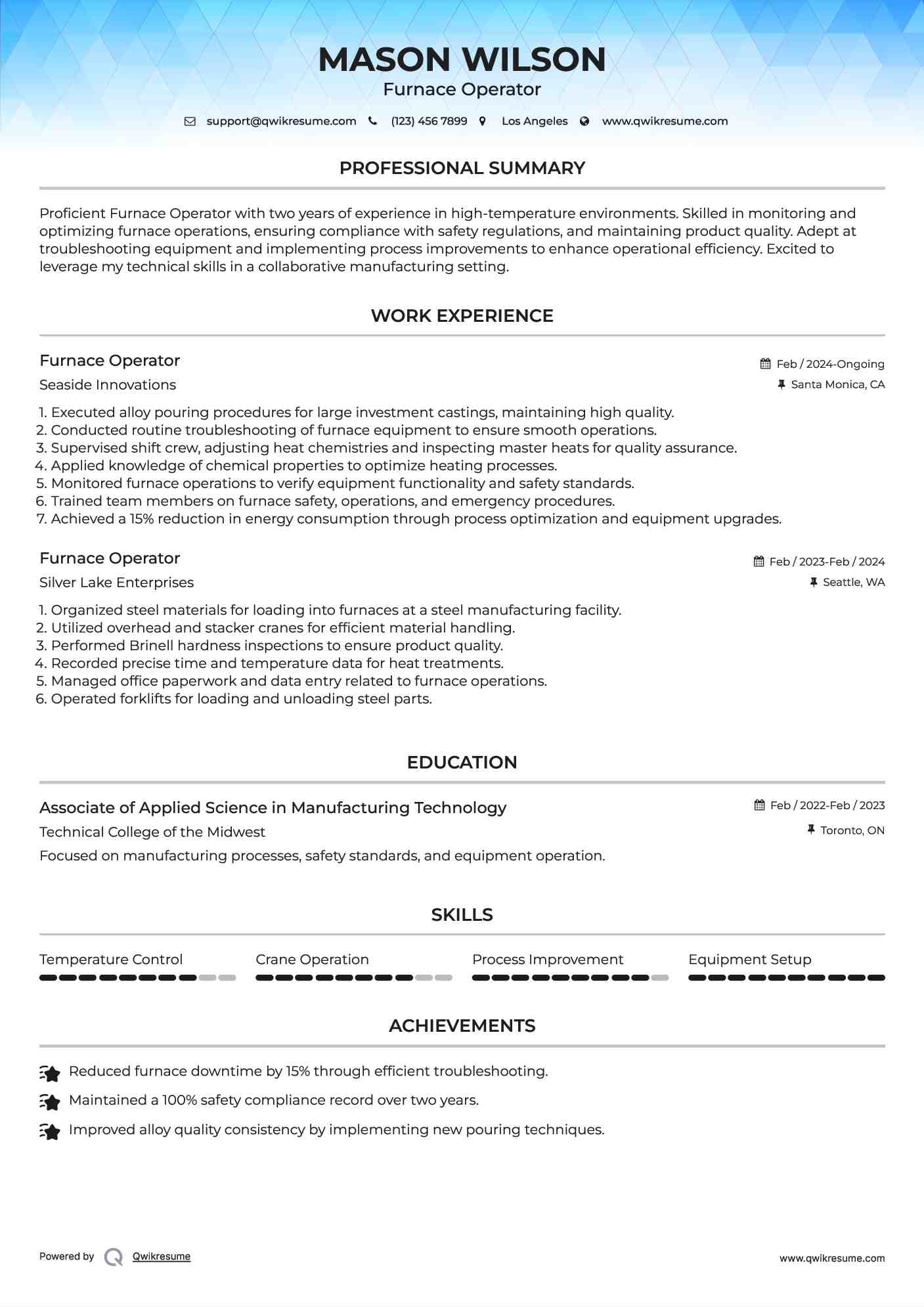 Furnace Operator Resume Samples QwikResume