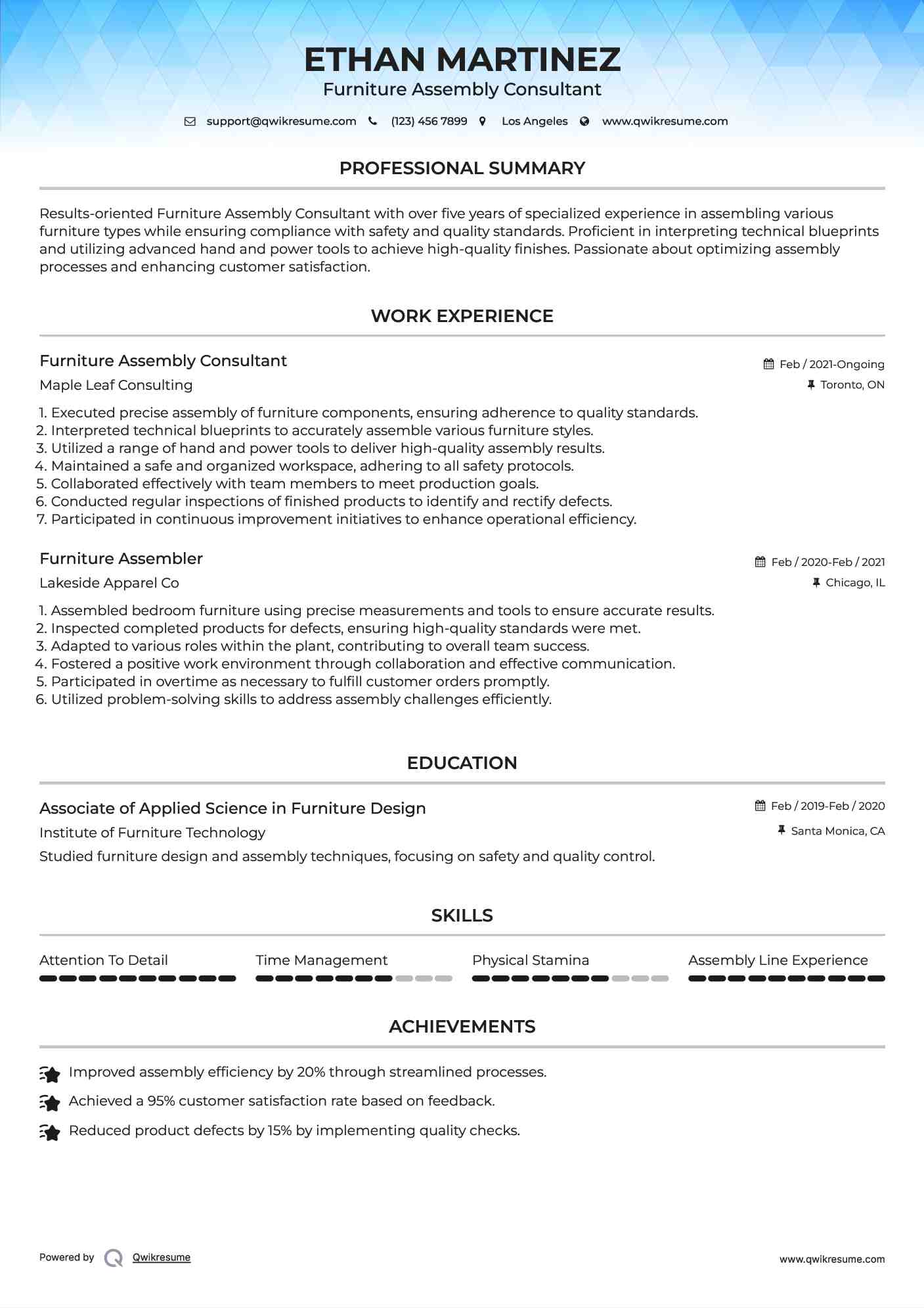 Furniture Assembly Consultant Resume Sample