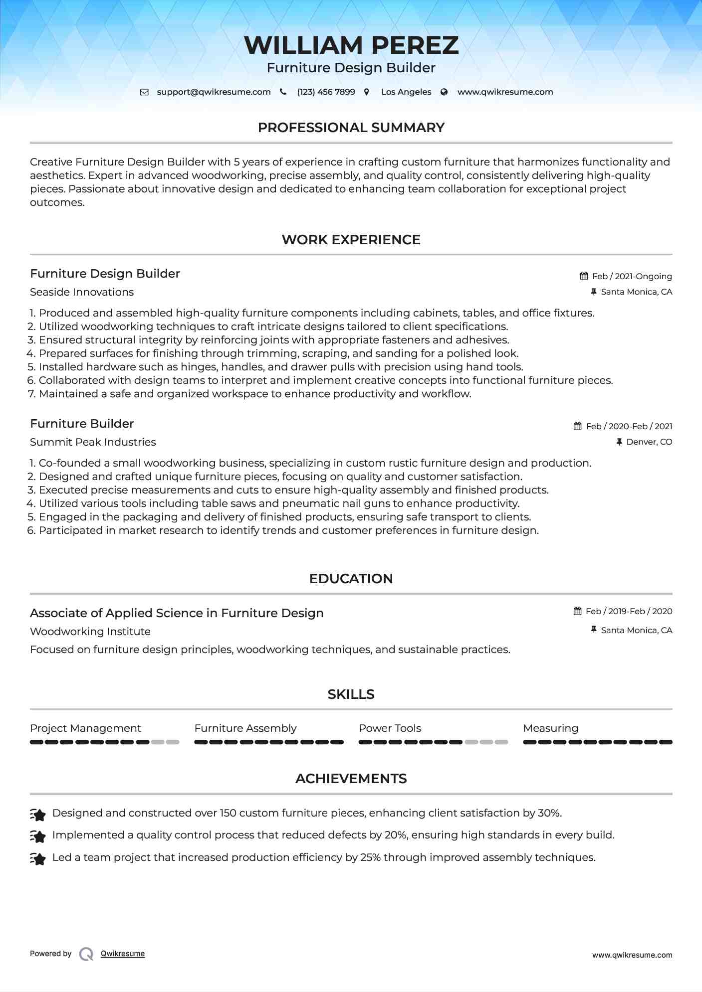 Furniture Design Builder Resume Sample
