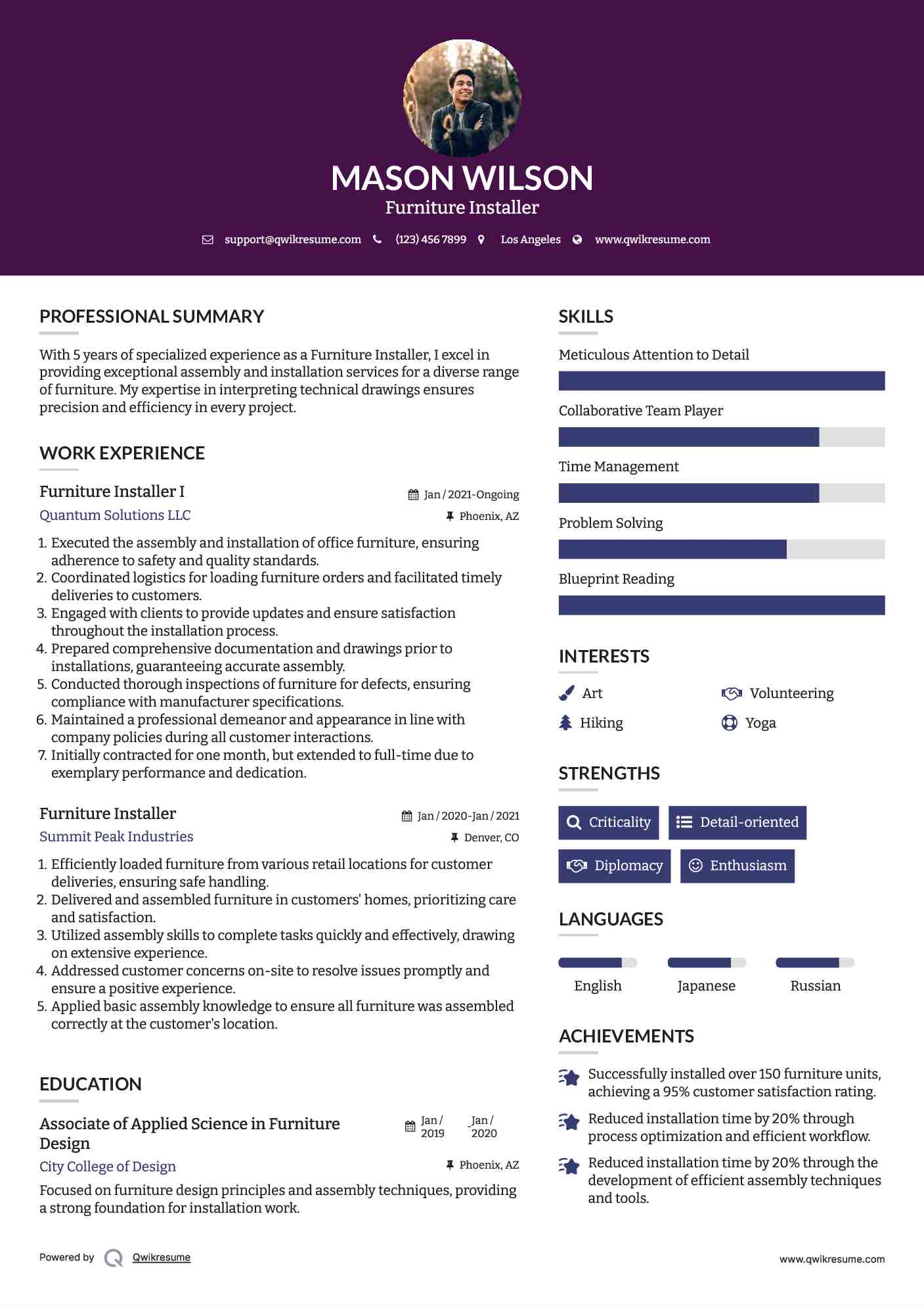 Furniture Installer Resume Samples QwikResume