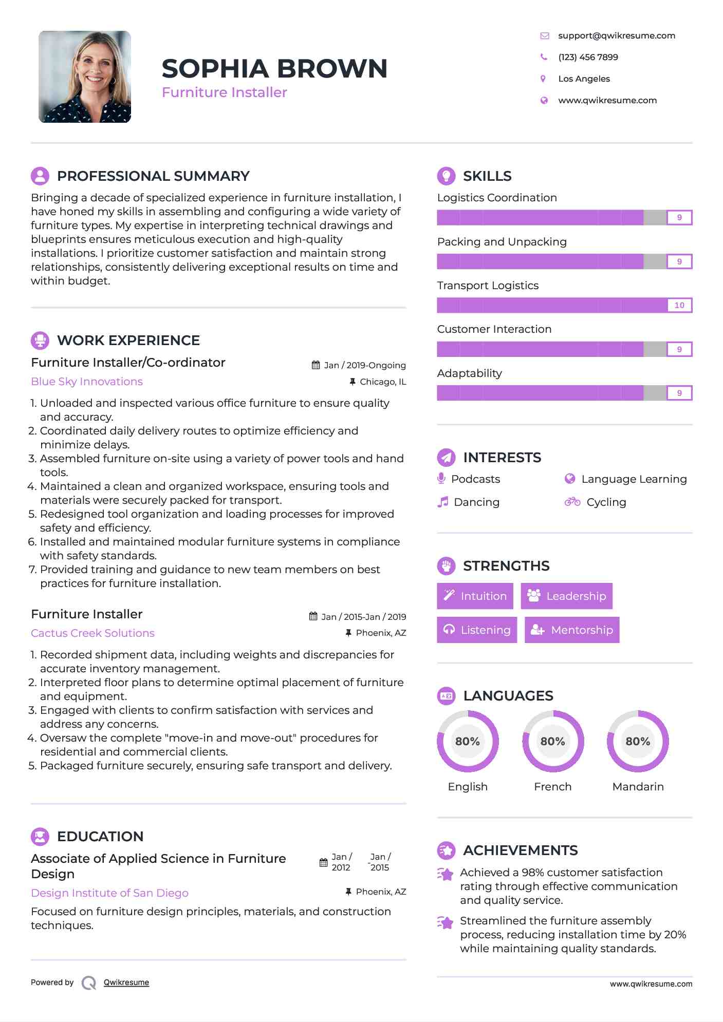 Furniture Installer/Co-ordinator Resume Example