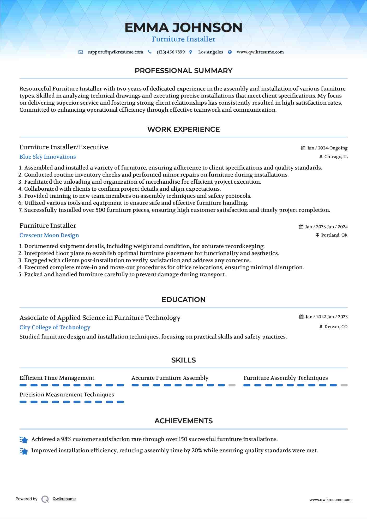 Furniture Installer/Executive Resume Model