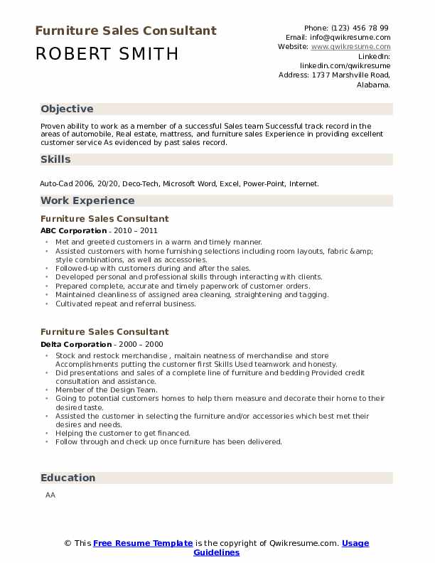 Furniture Sales Consultant Resume Samples QwikResume
