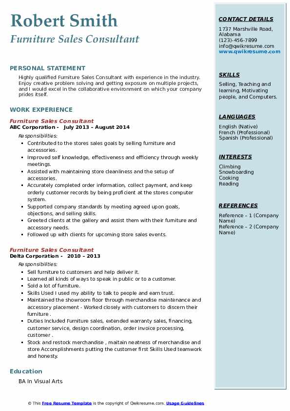 Furniture Sales Consultant Resume Samples QwikResume