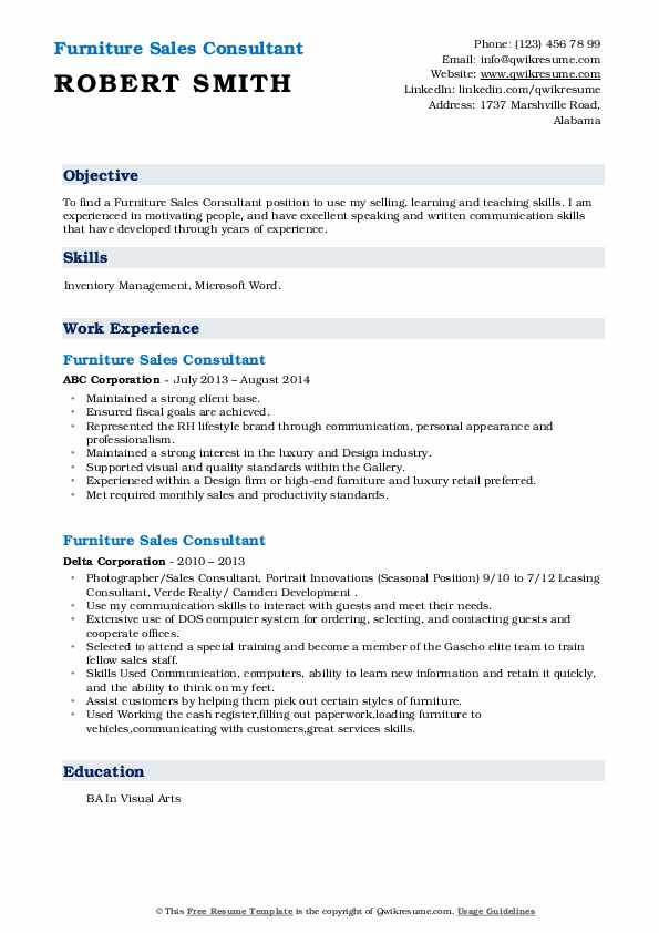 Furniture Sales Consultant Resume Samples QwikResume