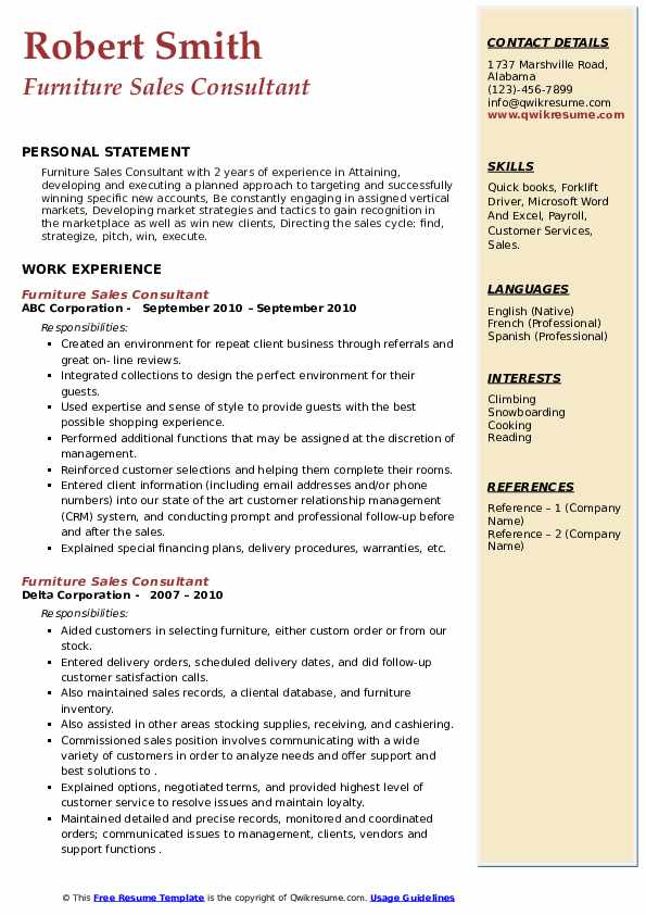 Furniture Sales Consultant Resume Samples QwikResume