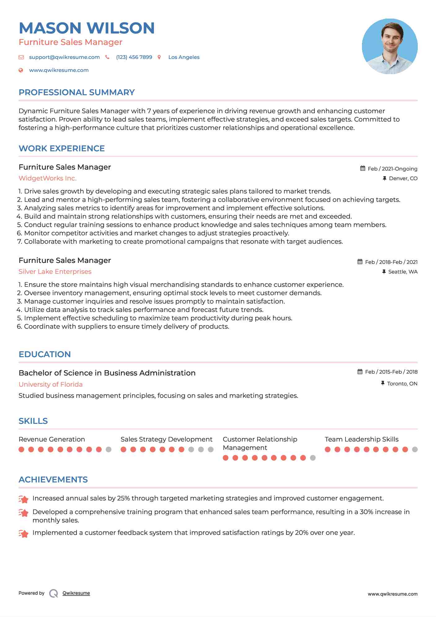 Furniture Sales Manager Resume Model