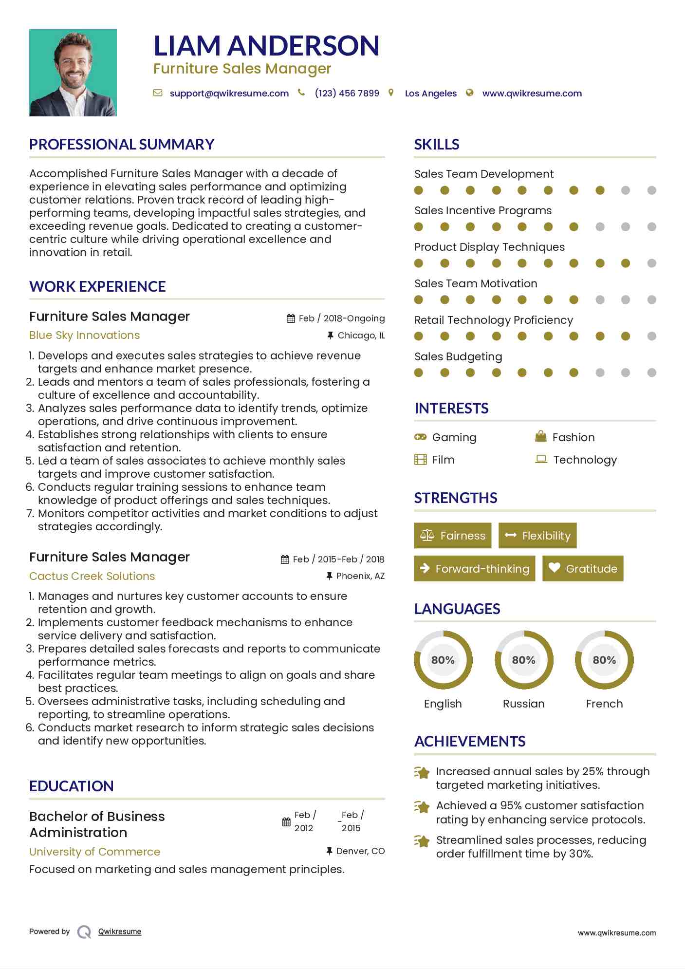 Furniture Sales Manager Resume Example