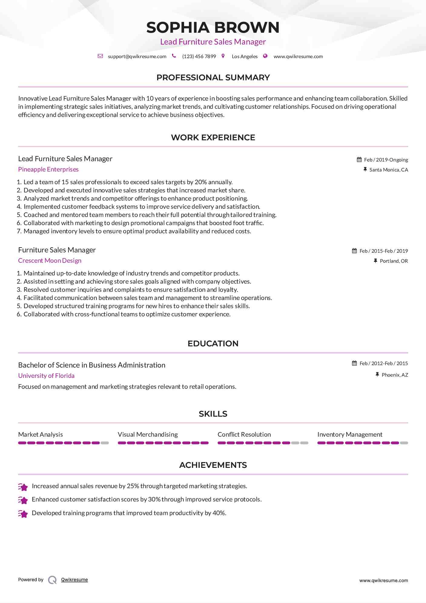 Lead Furniture Sales Manager Resume Sample