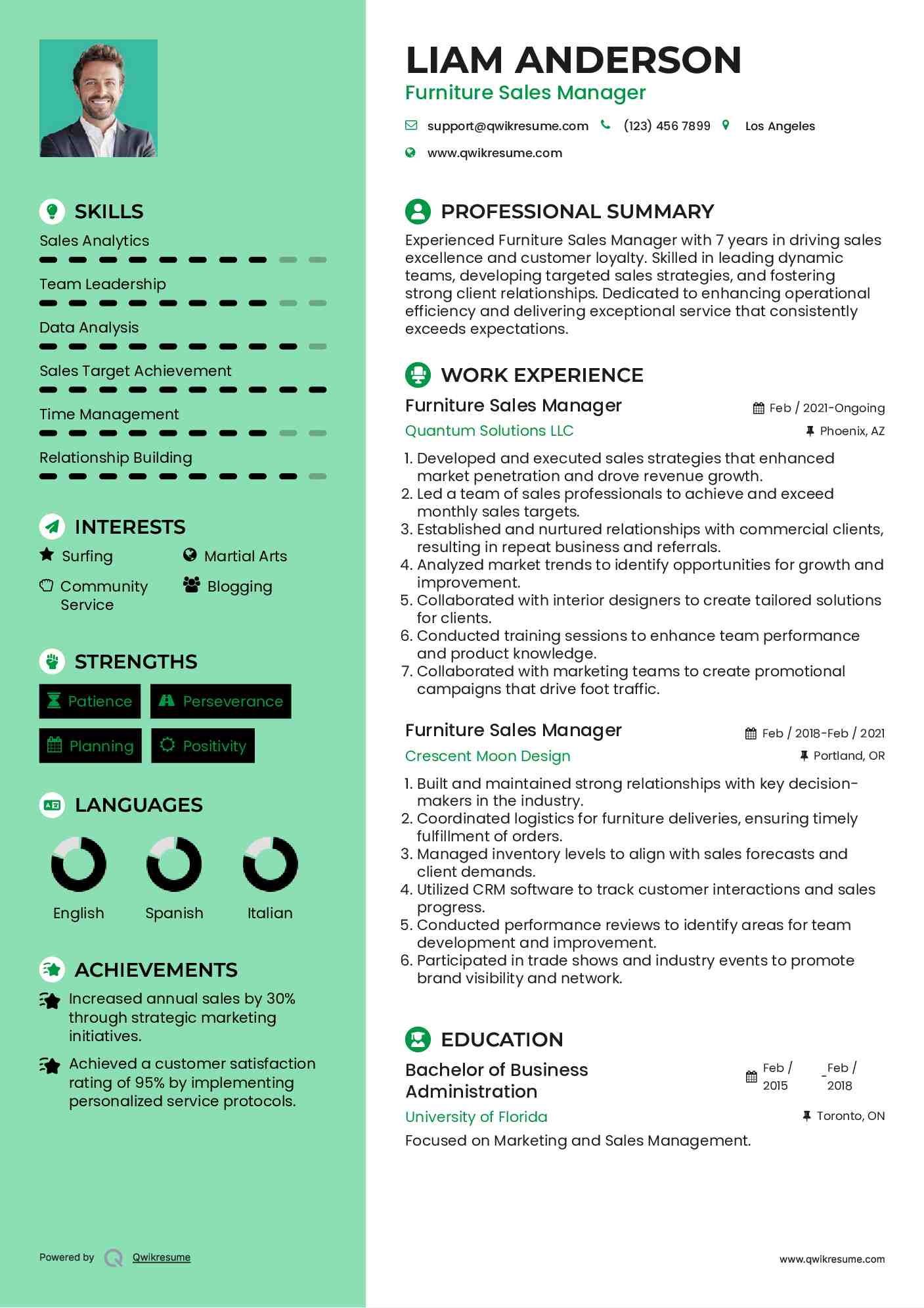 Furniture Sales Manager Resume Example