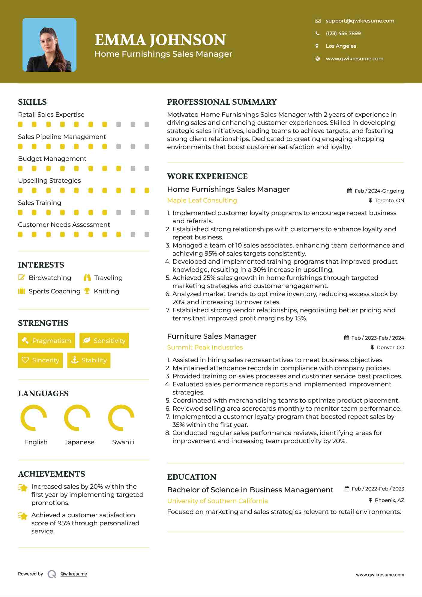 Home Furnishings Sales Manager Resume Model