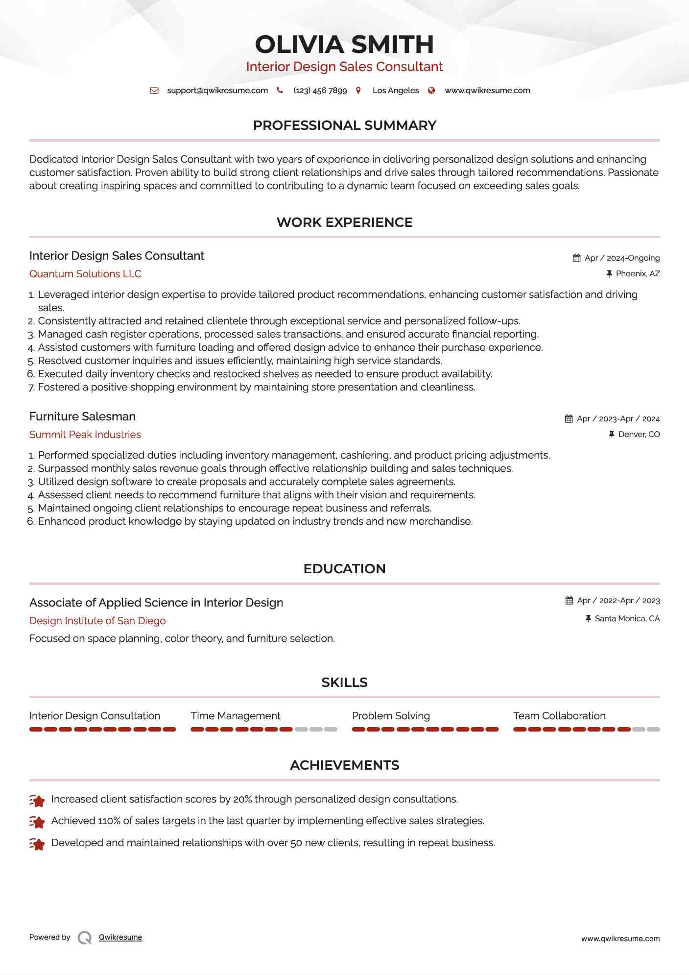 Interior Design Sales Consultant Resume Format
