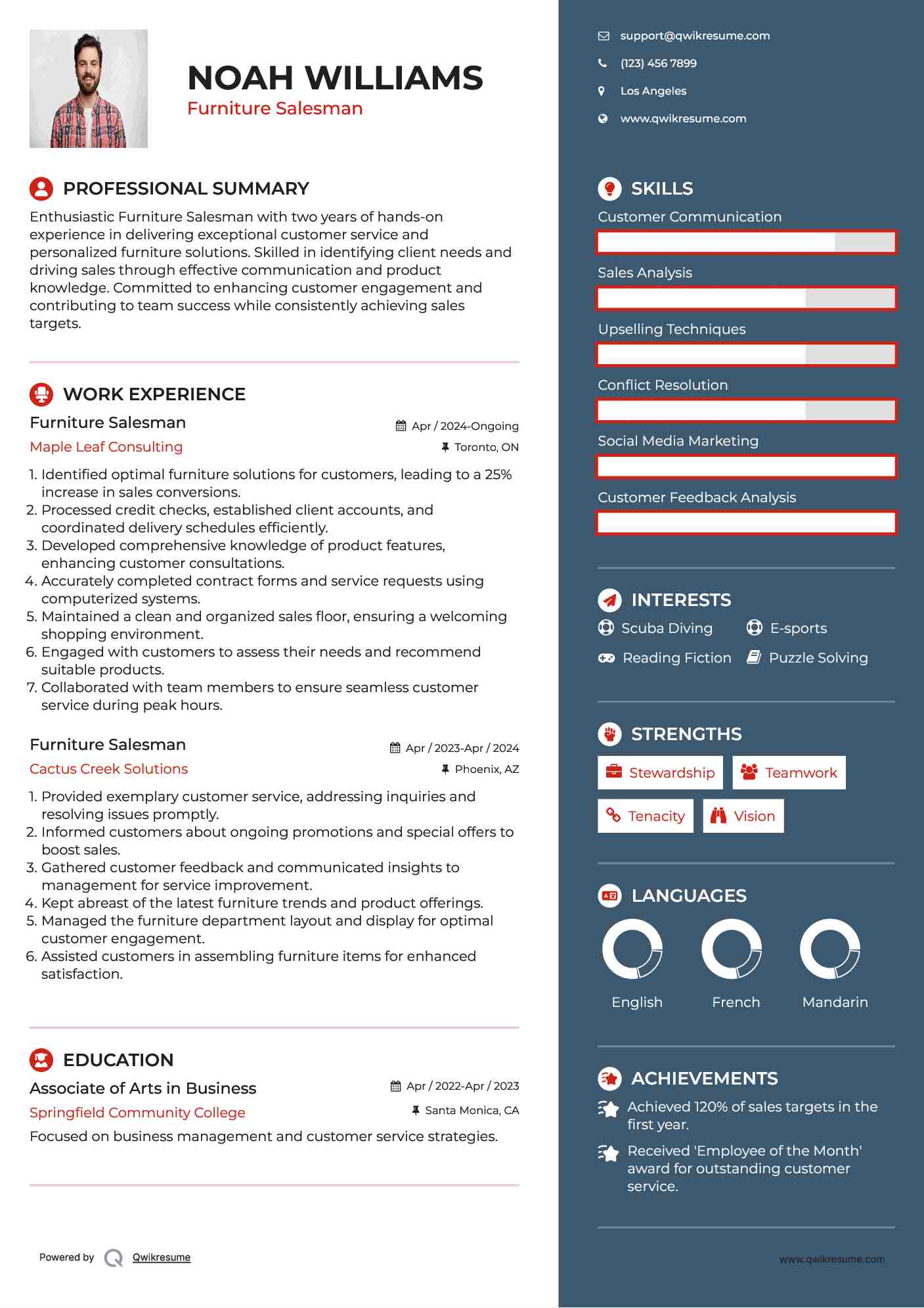 Furniture Salesman Resume Samples QwikResume