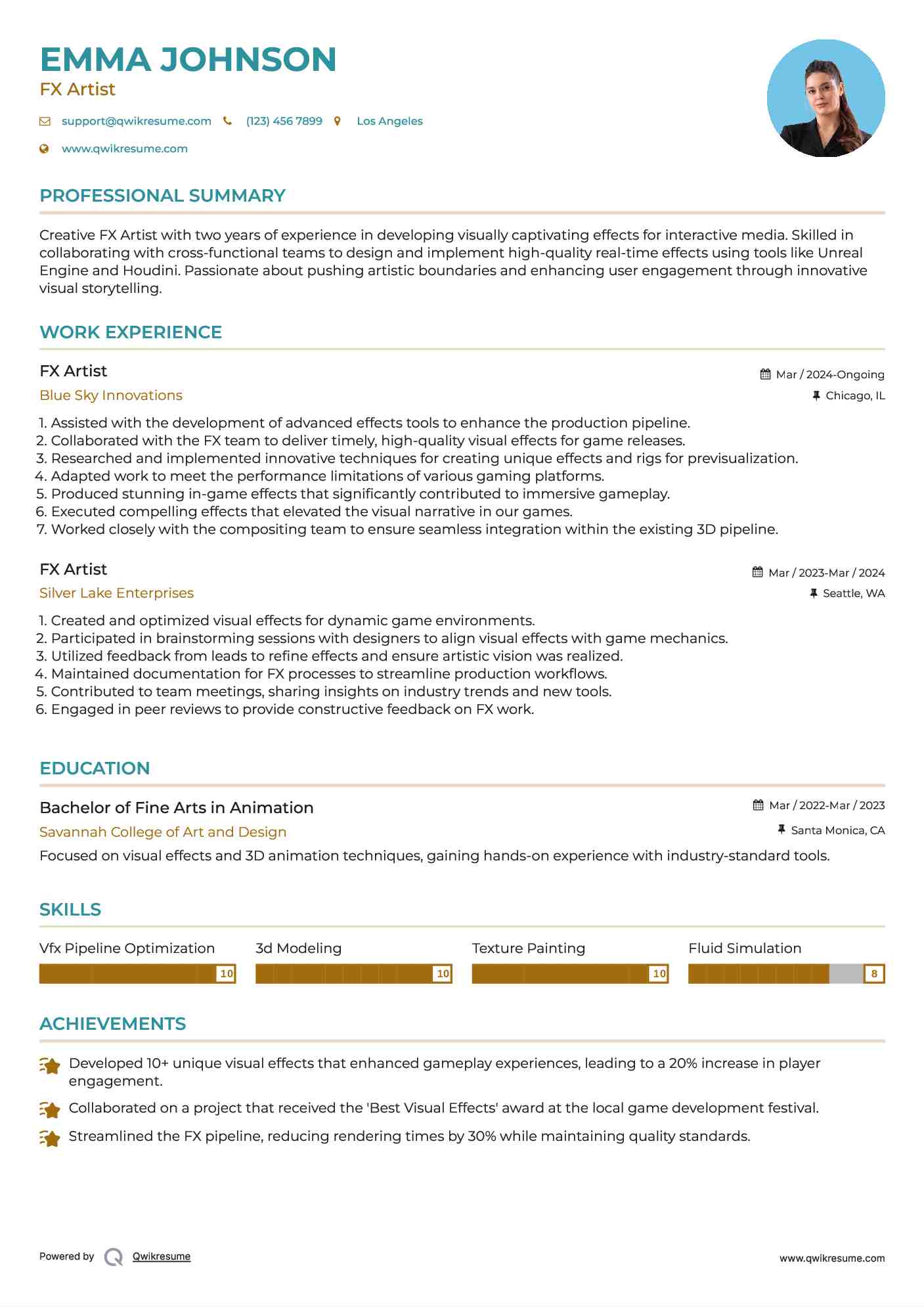 FX Artist Resume Model