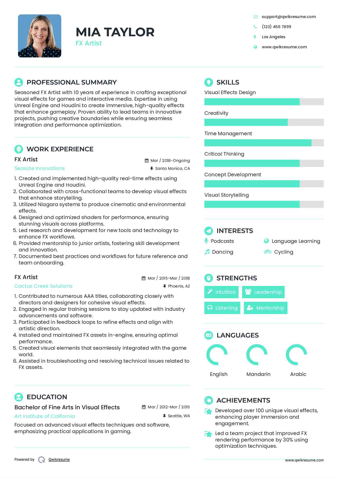 FX Artist Resume Format