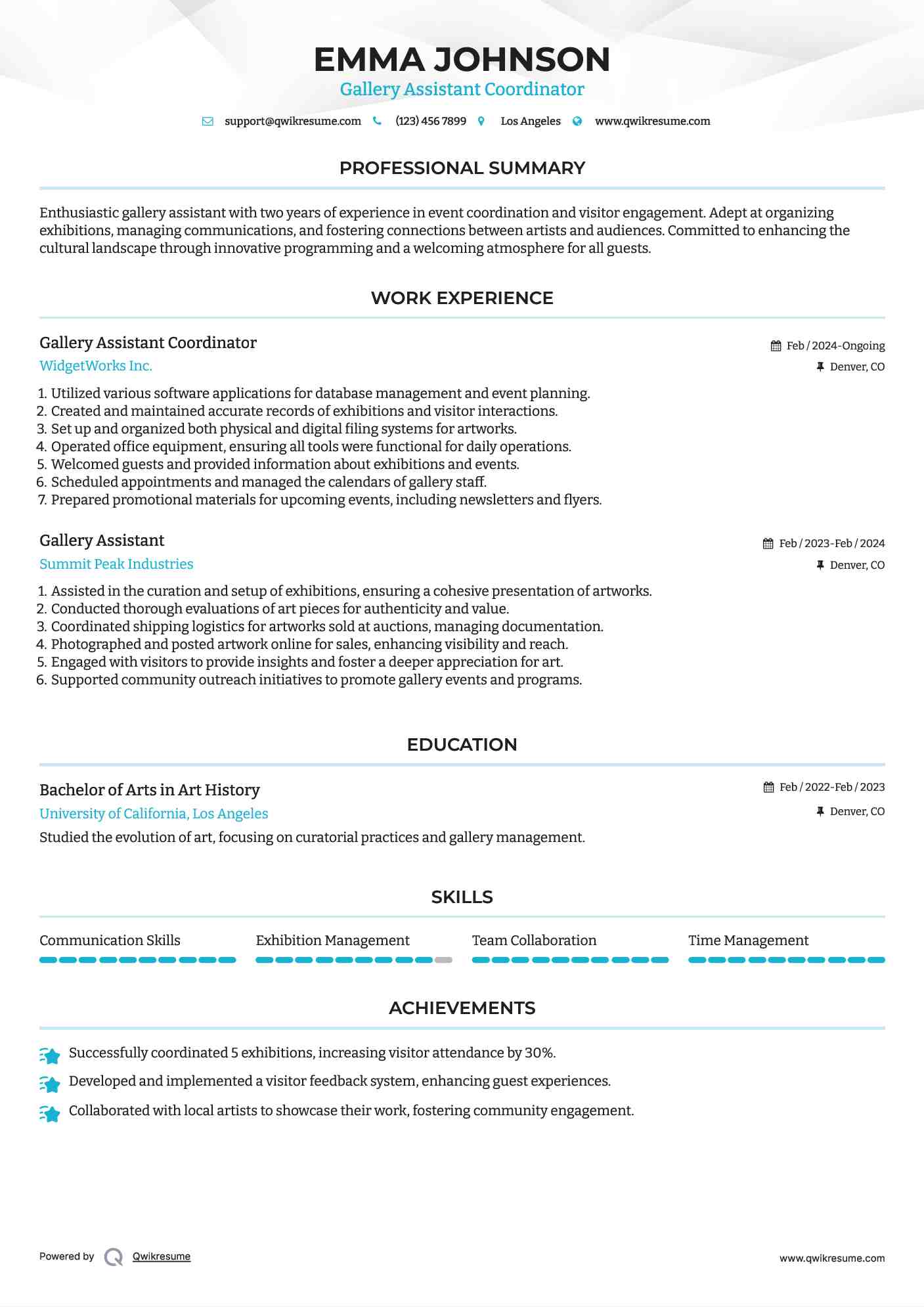 Gallery Assistant Coordinator Resume Example