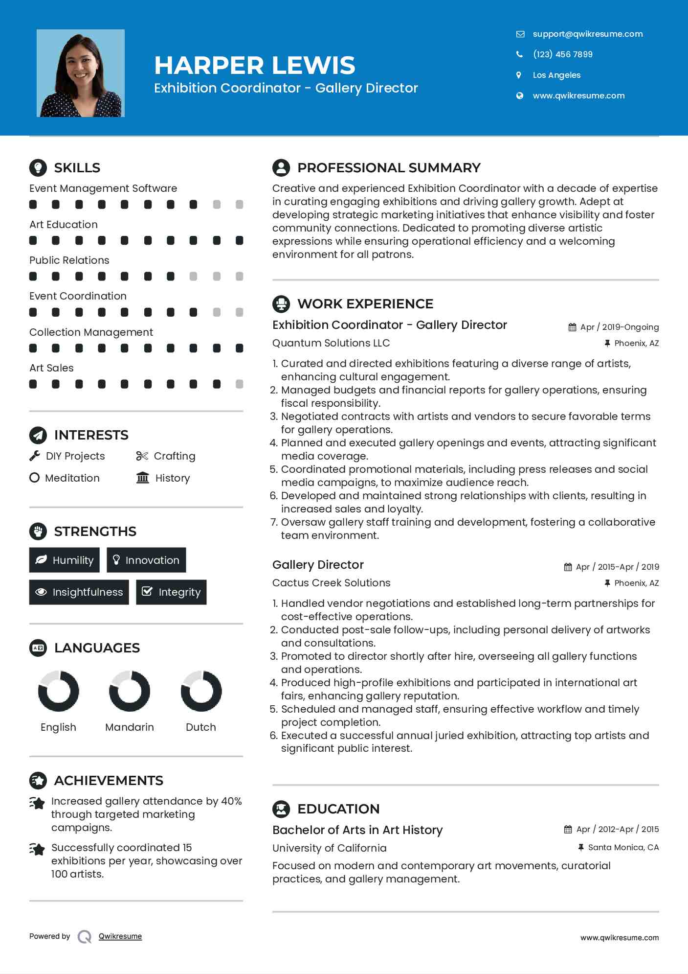 Exhibition Coordinator - Gallery Director Resume Example