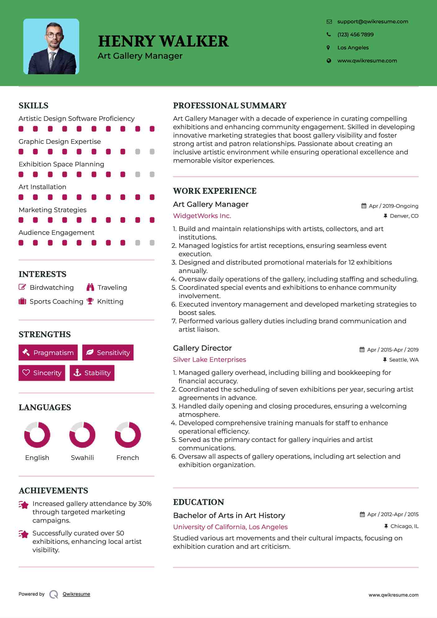 Art Gallery Manager Resume Model