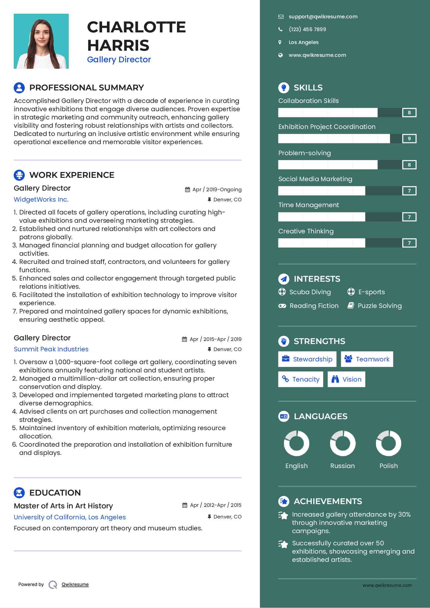 Gallery Director Resume Model