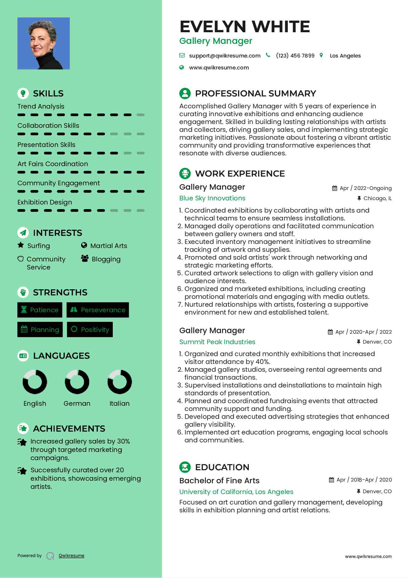 Gallery Manager Resume Sample