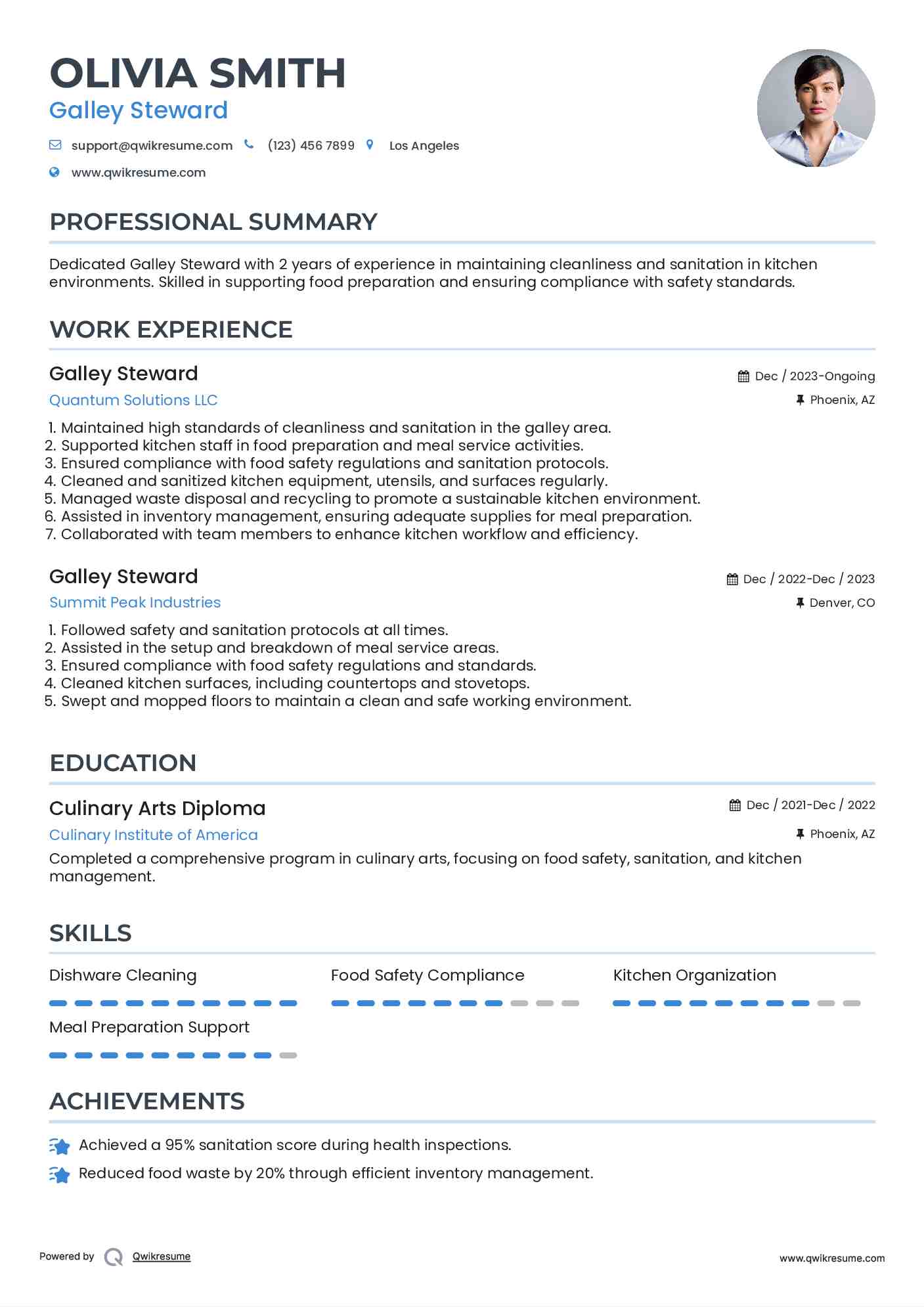 Galley Steward Resume Sample