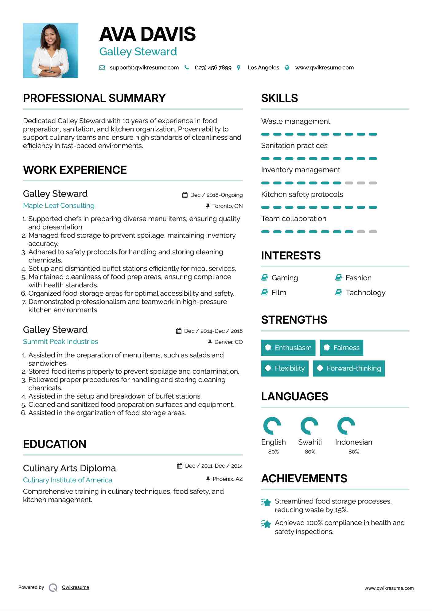 Galley Steward Resume Template