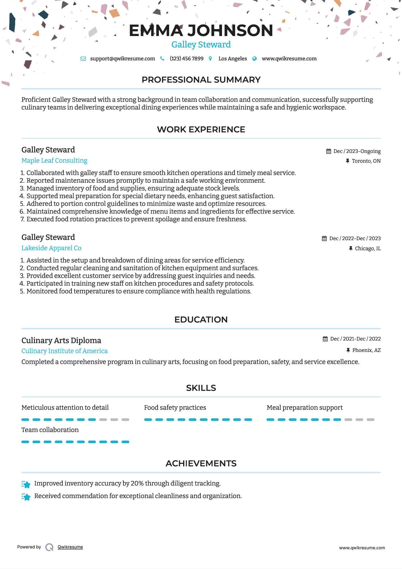 Galley Steward Resume Model