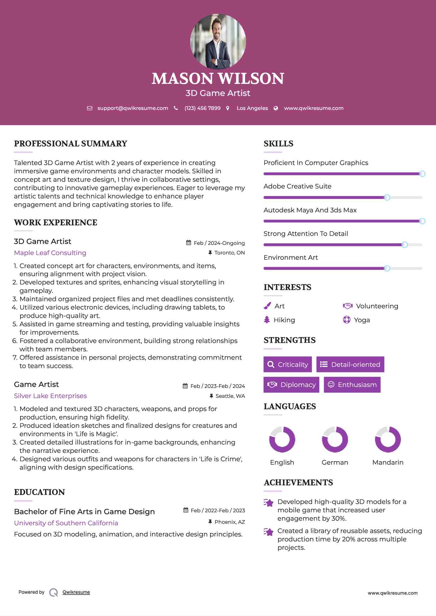 3D Game Artist Resume Sample