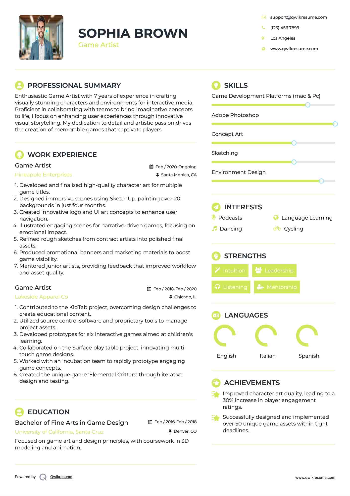 Game Artist Resume Sample