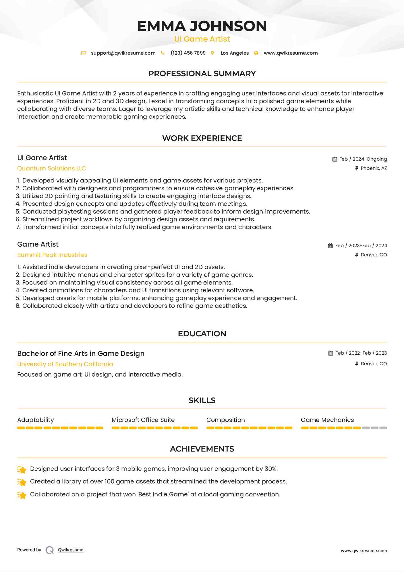 UI Game Artist Resume Format