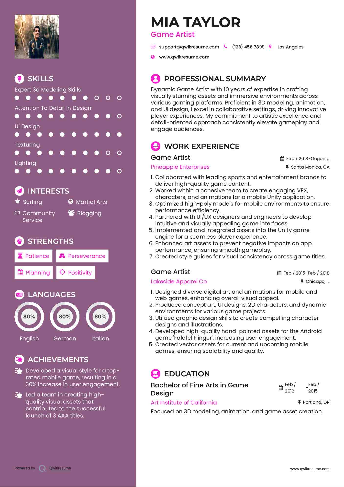 Game Artist Resume Model