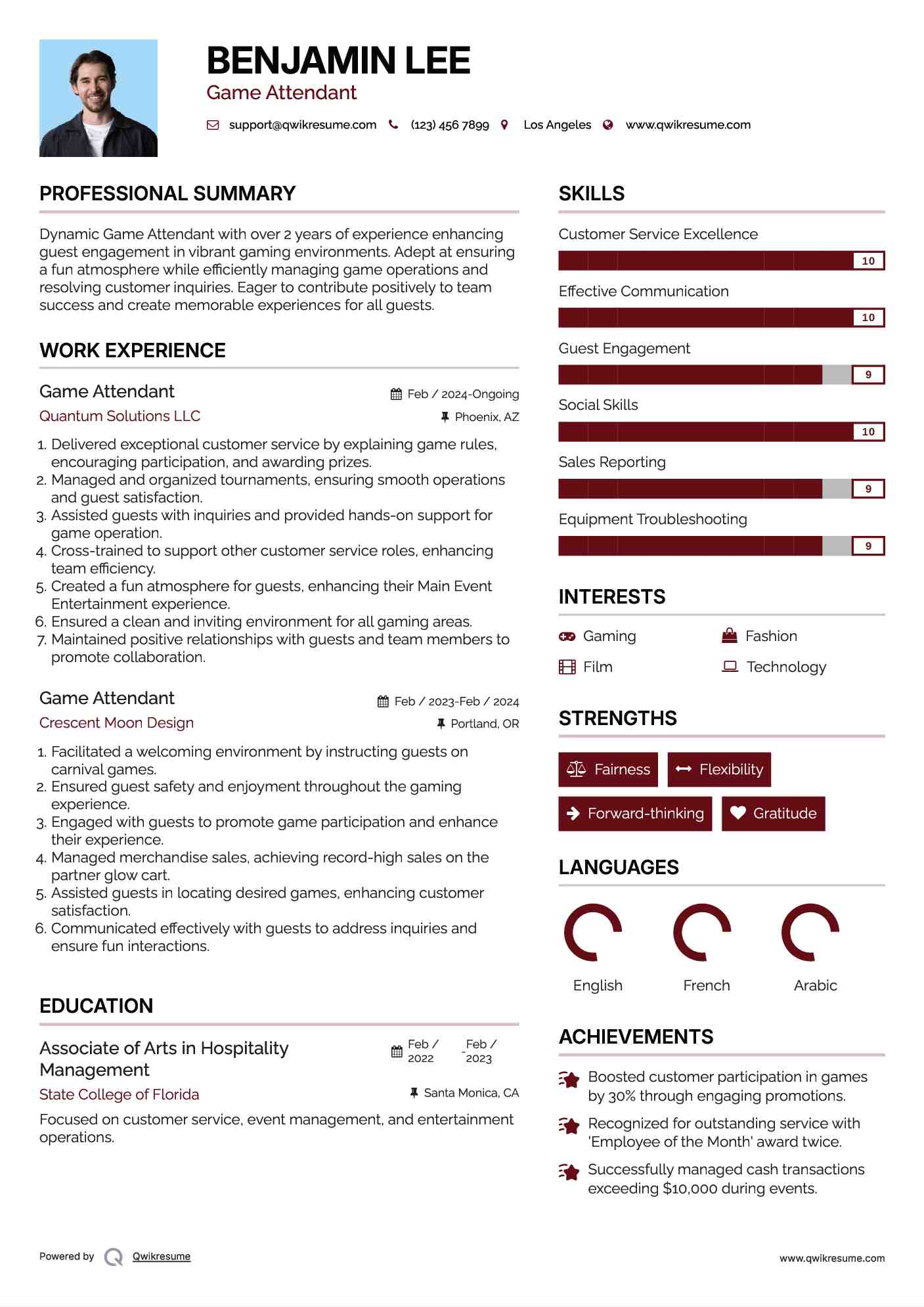 Game Attendant Resume Example