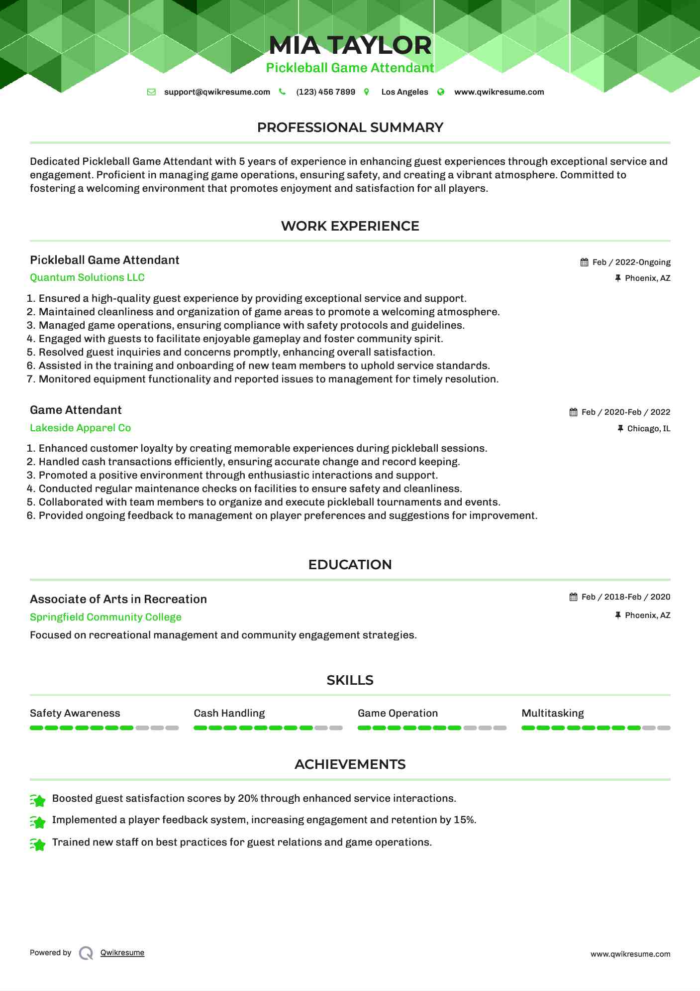 Pickleball Game Attendant Resume Model