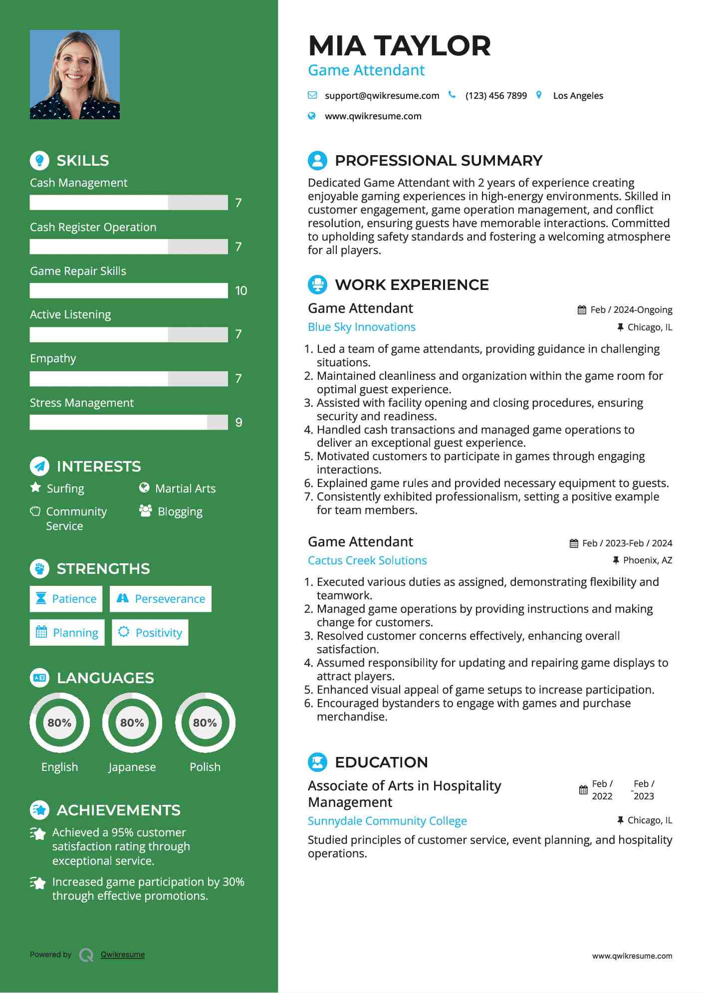 Game Attendant Resume Samples QwikResume