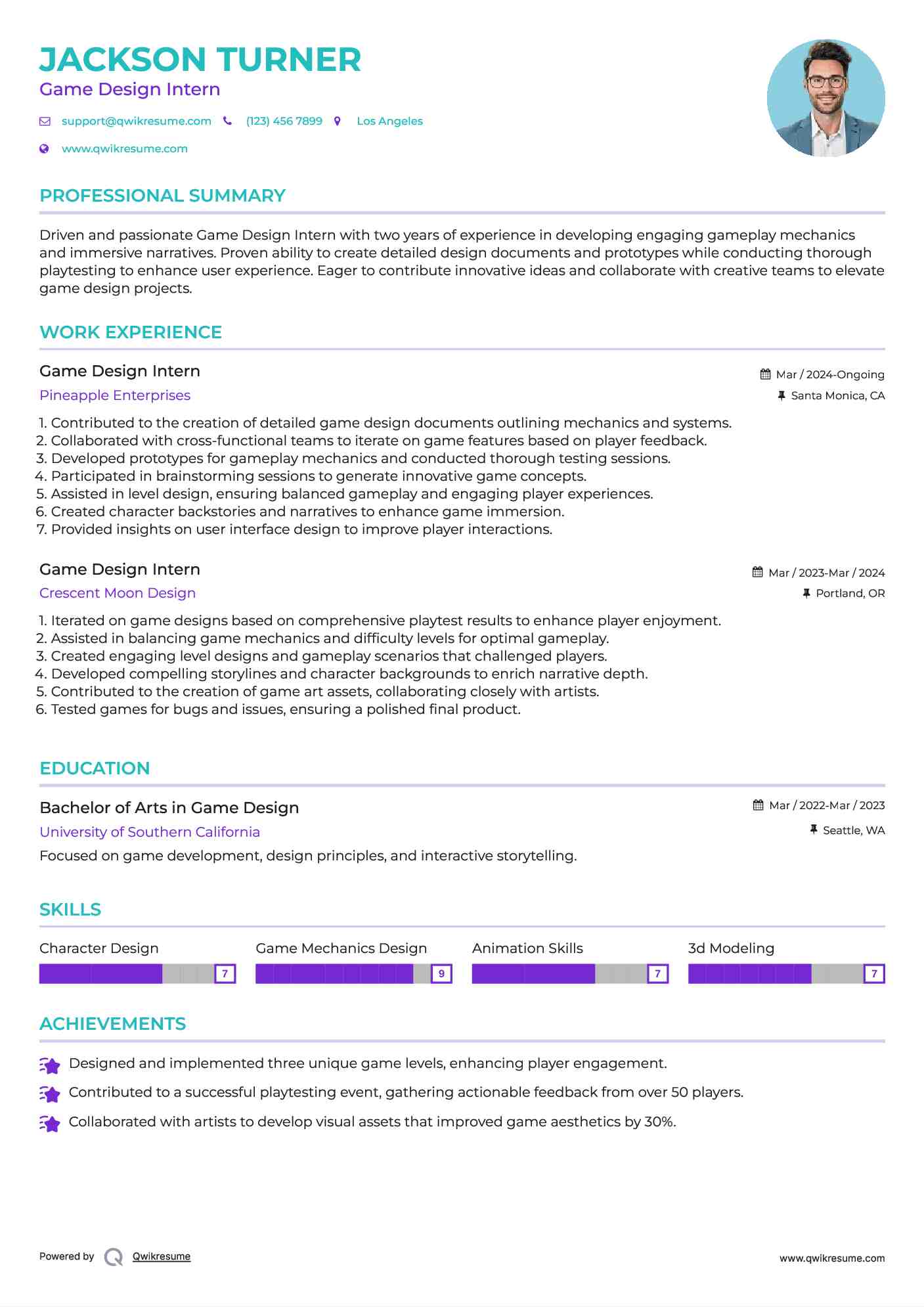 Game Design Intern Resume Sample