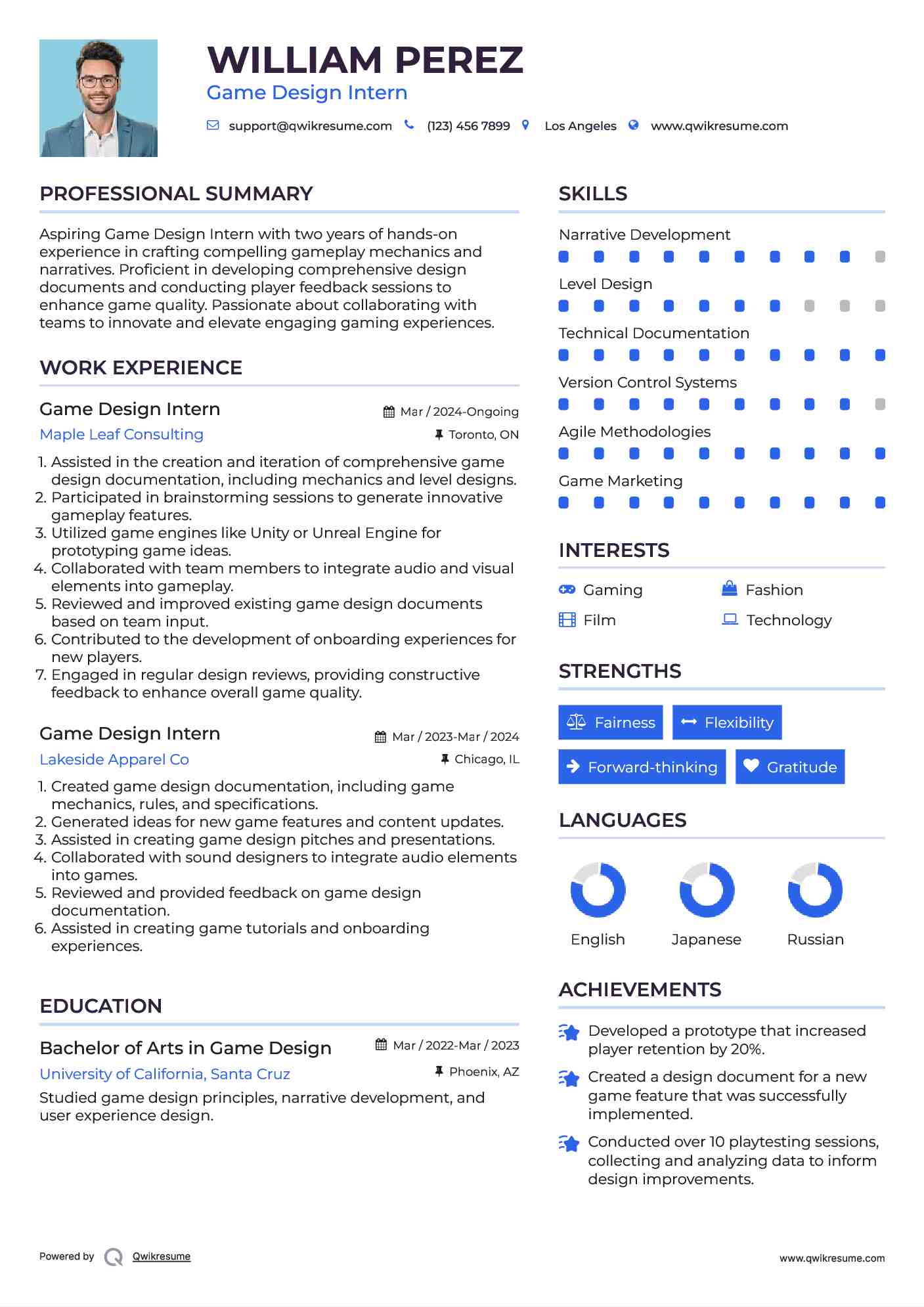 Game Design Intern Resume Sample