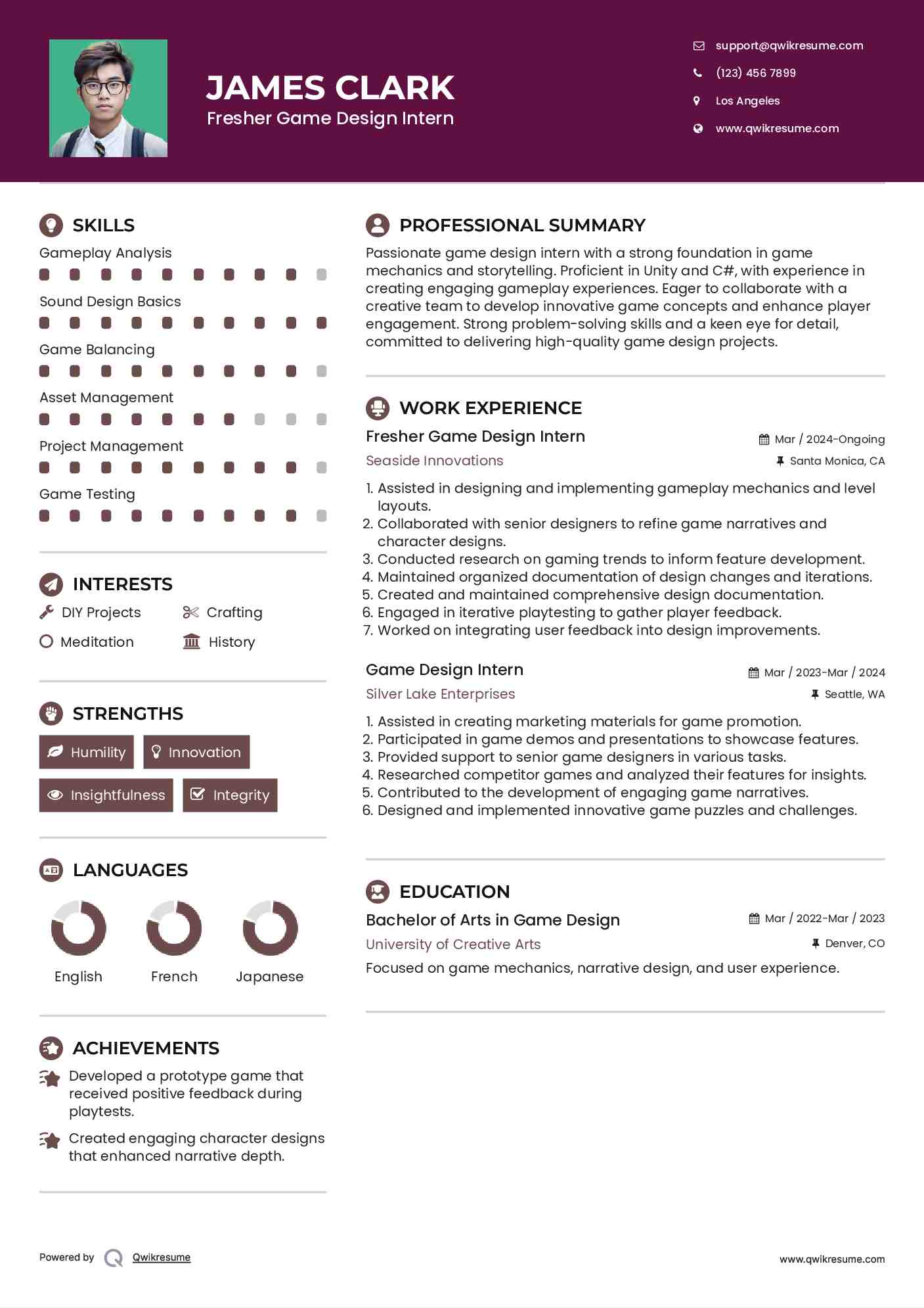 Fresher Game Design Intern Resume Example