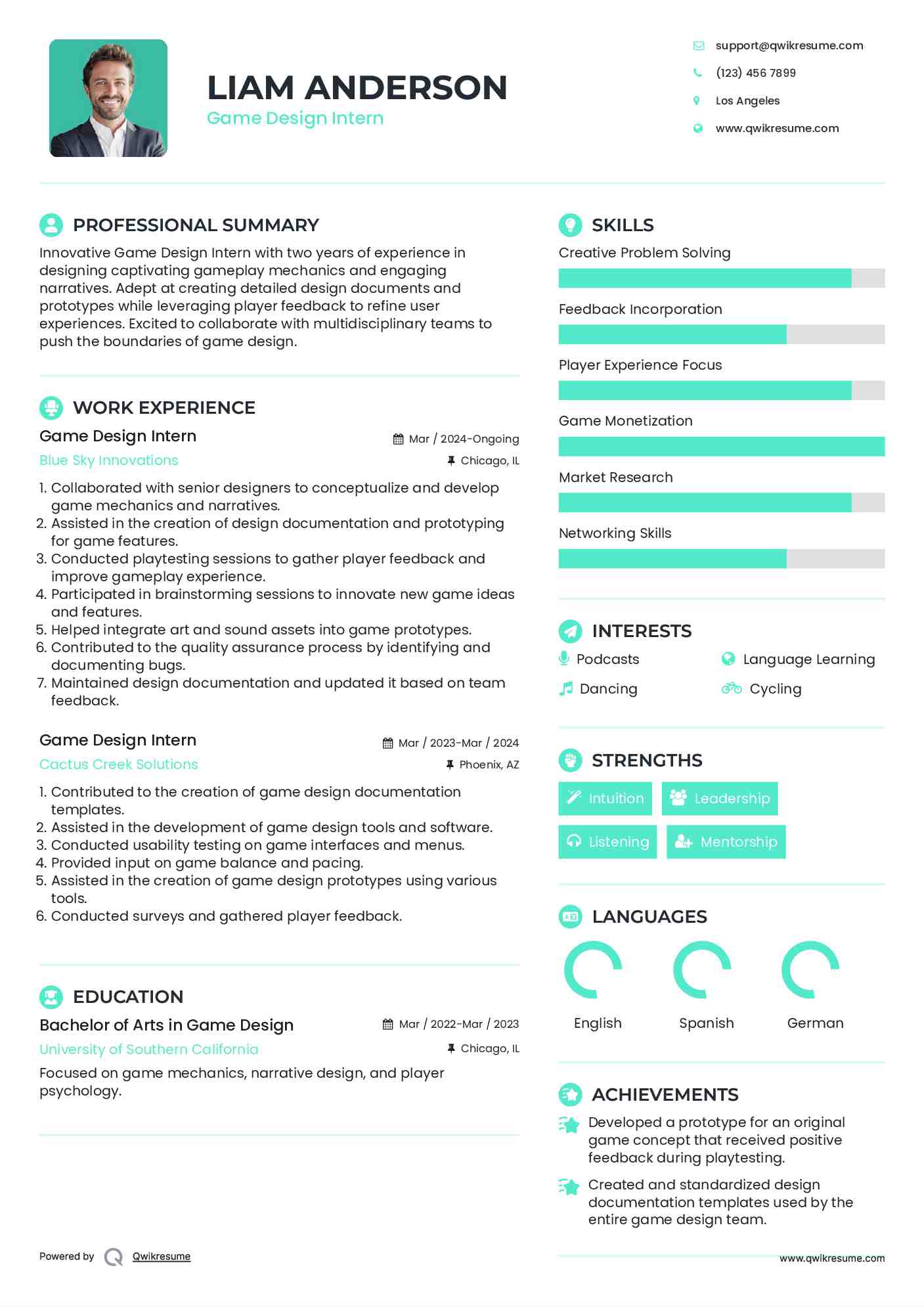 Game Design Intern Resume Format