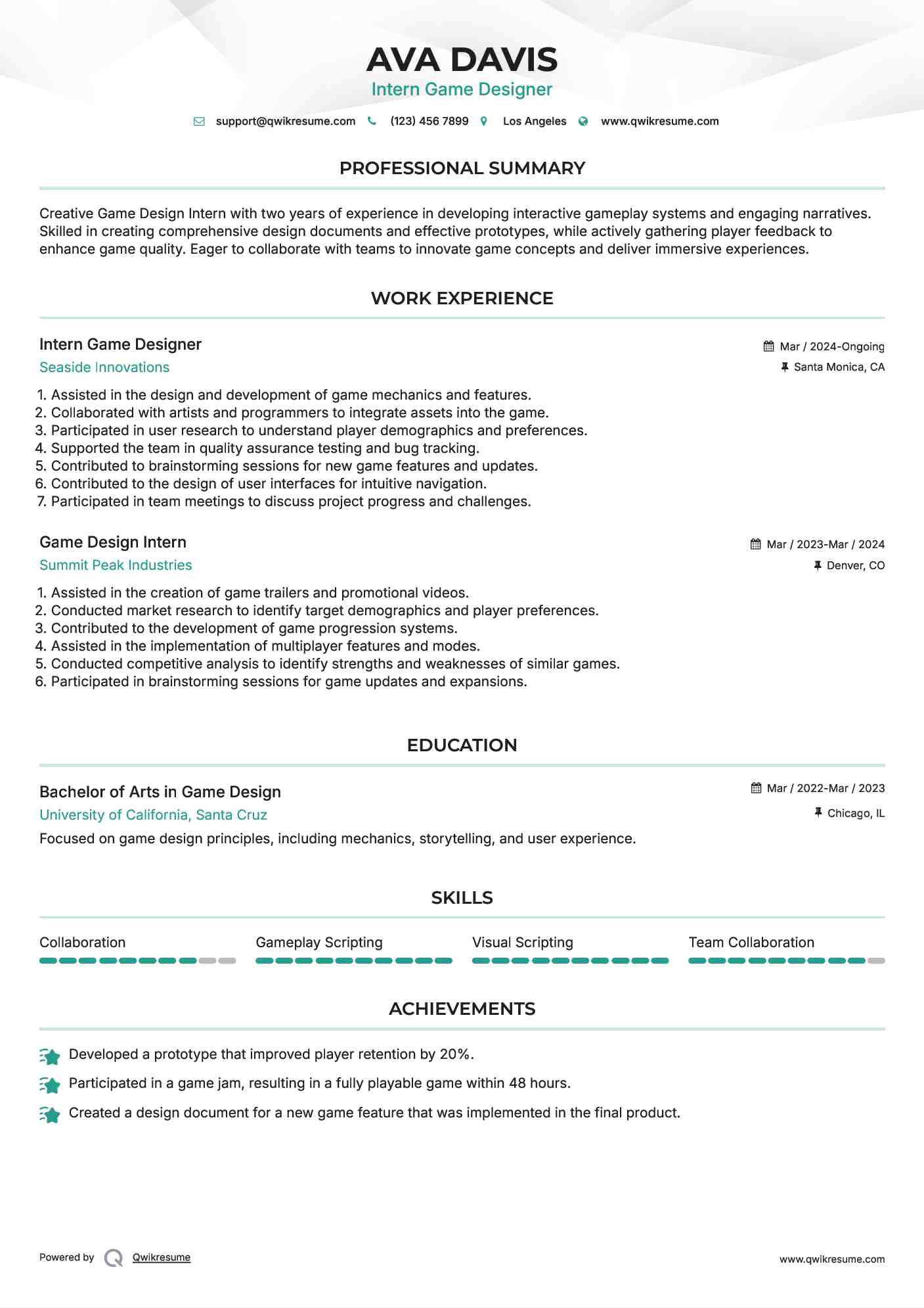 Intern Game Designer Resume Format