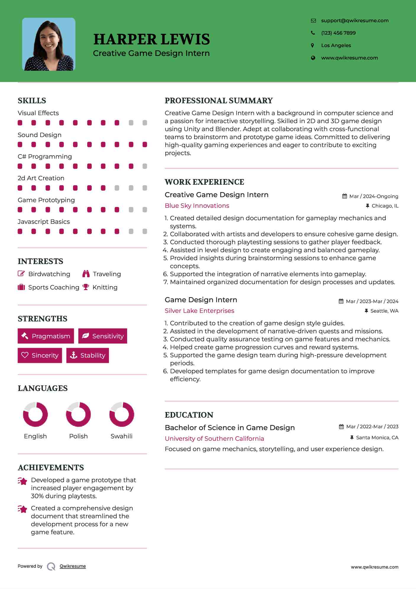 Creative Game Design Intern Resume Format