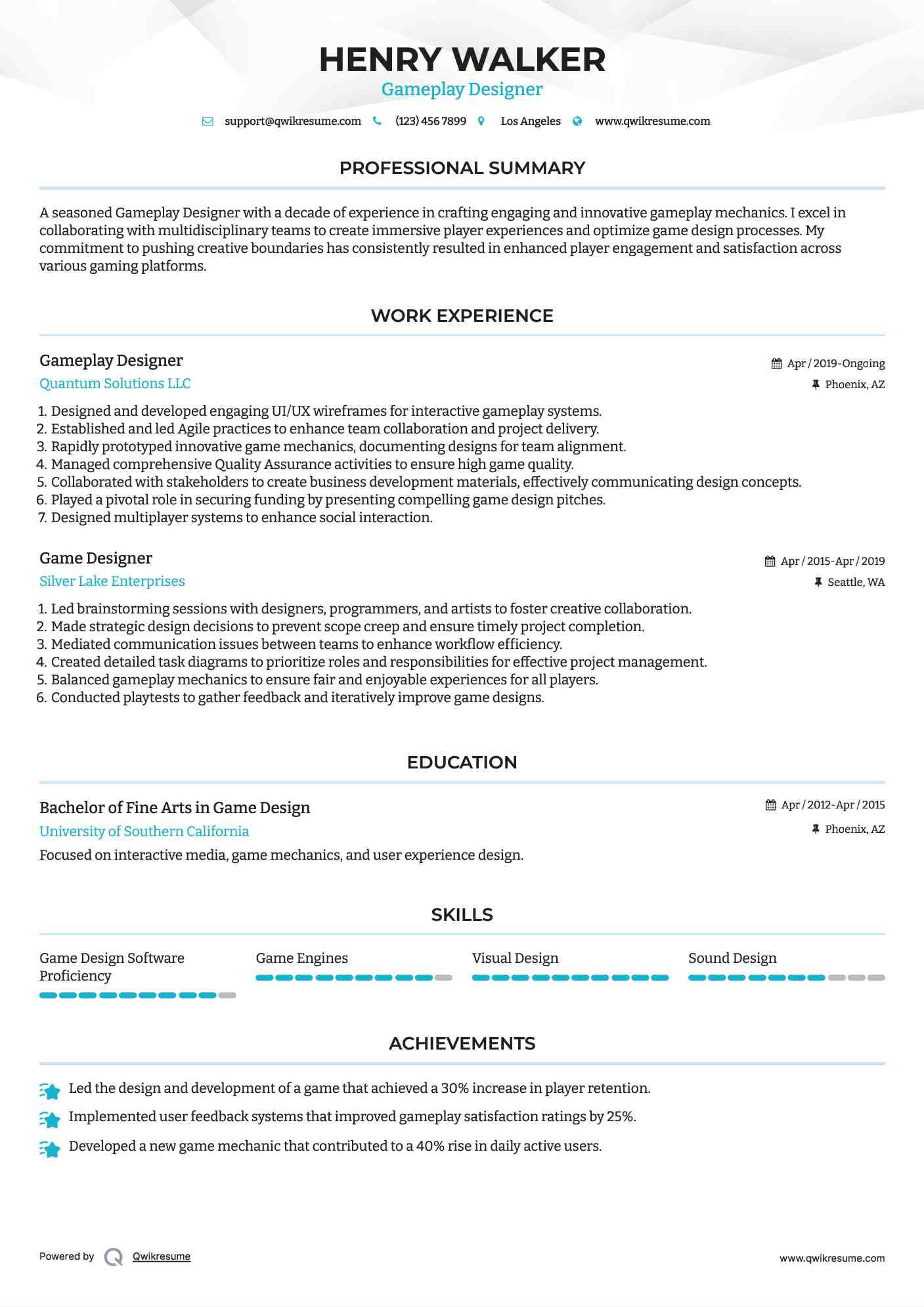 Gameplay Designer Resume Format