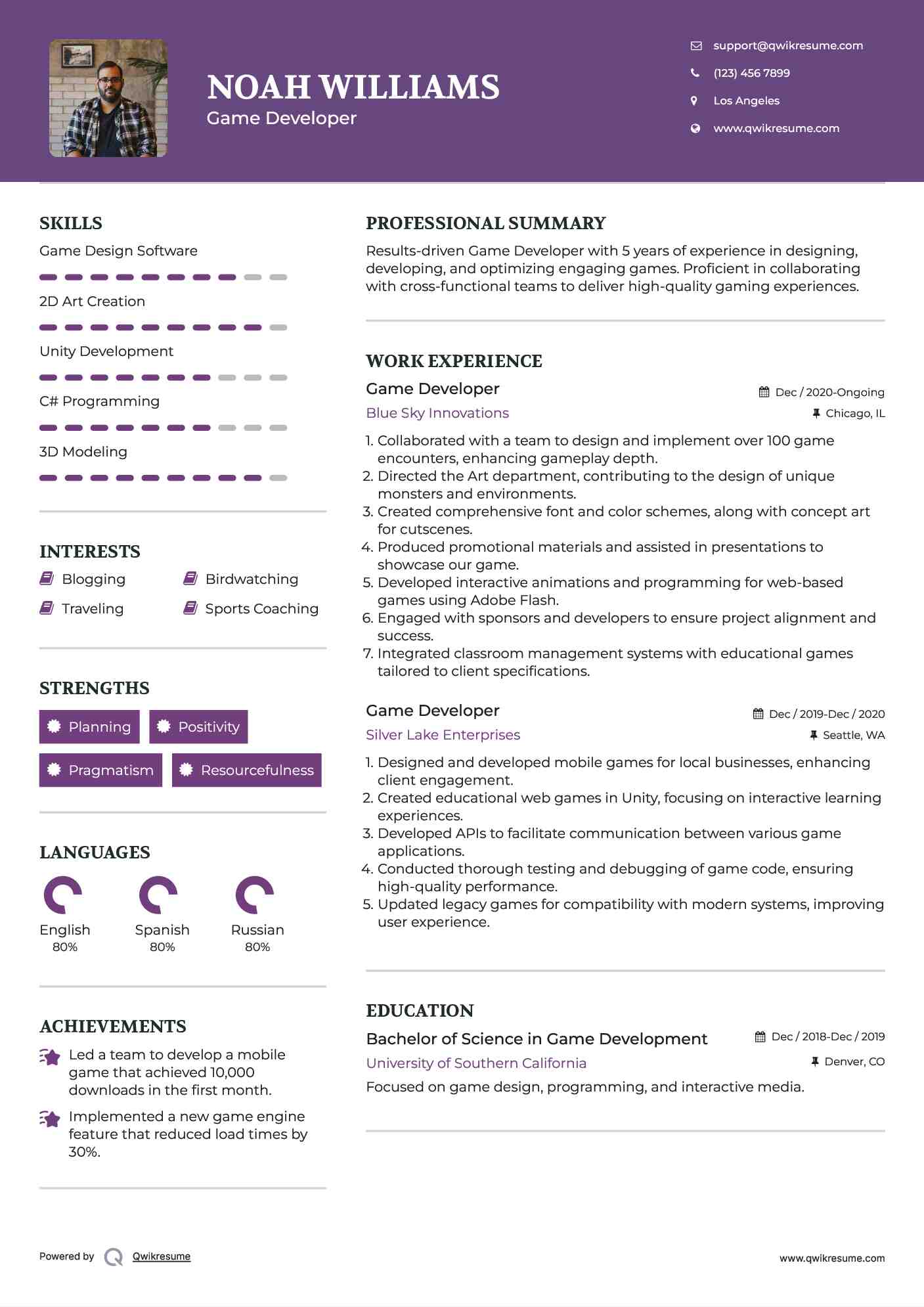 Game Developer Resume Example
