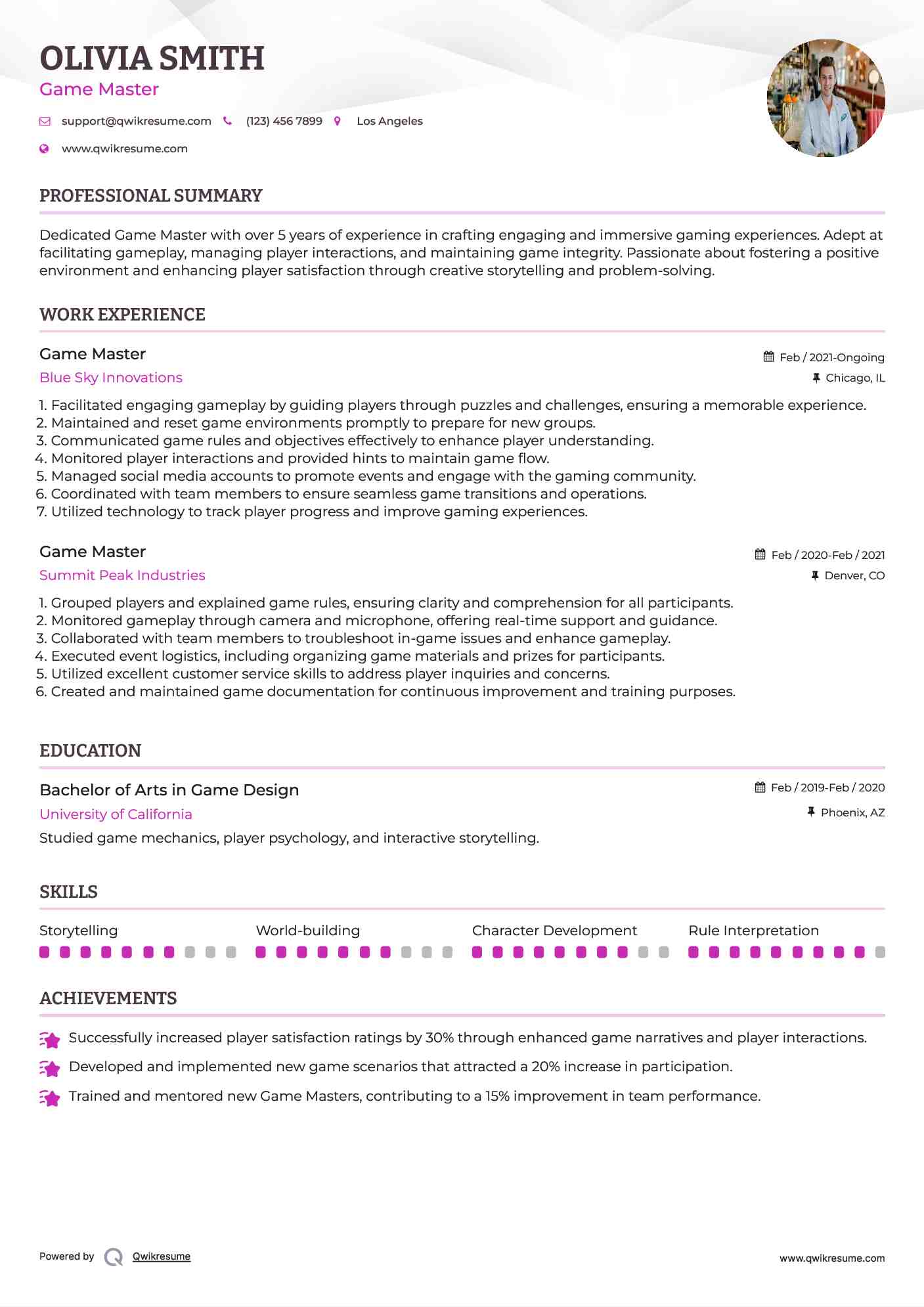 Game Master Resume Model
