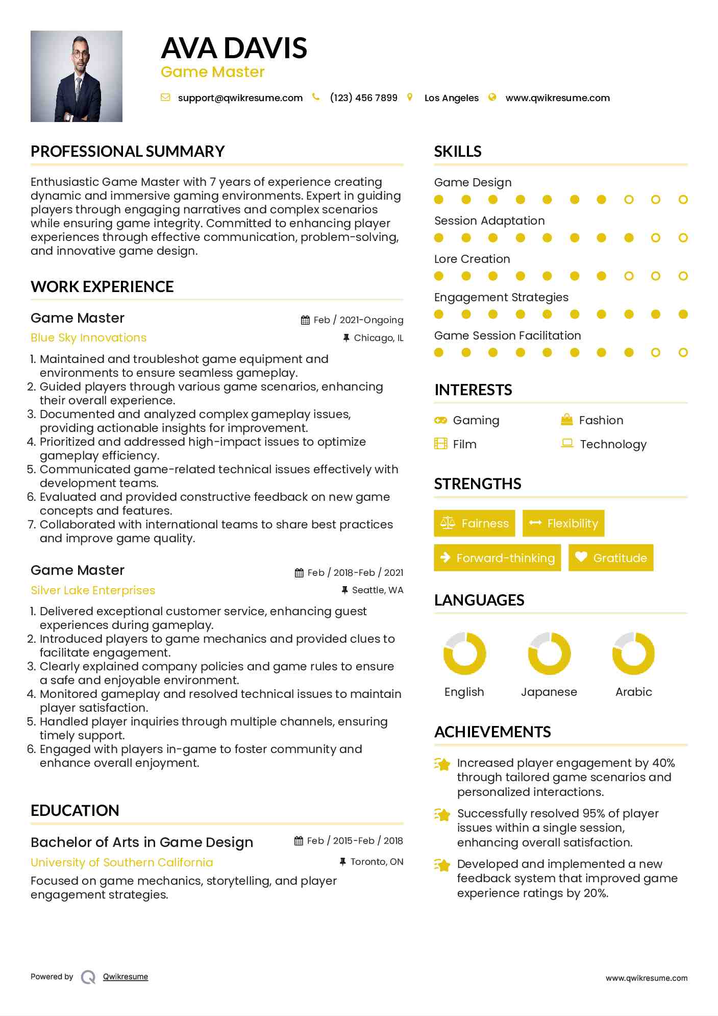 Game Master Resume Sample