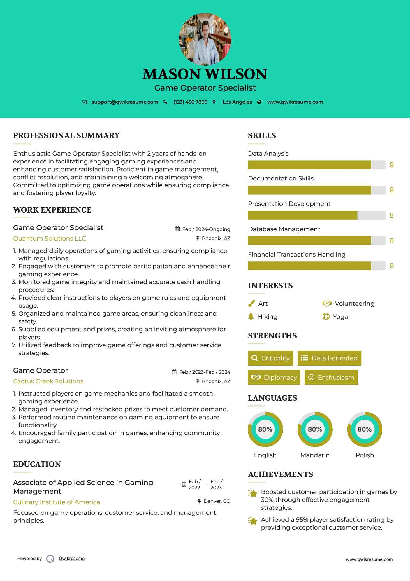Game Operator Specialist Resume Example