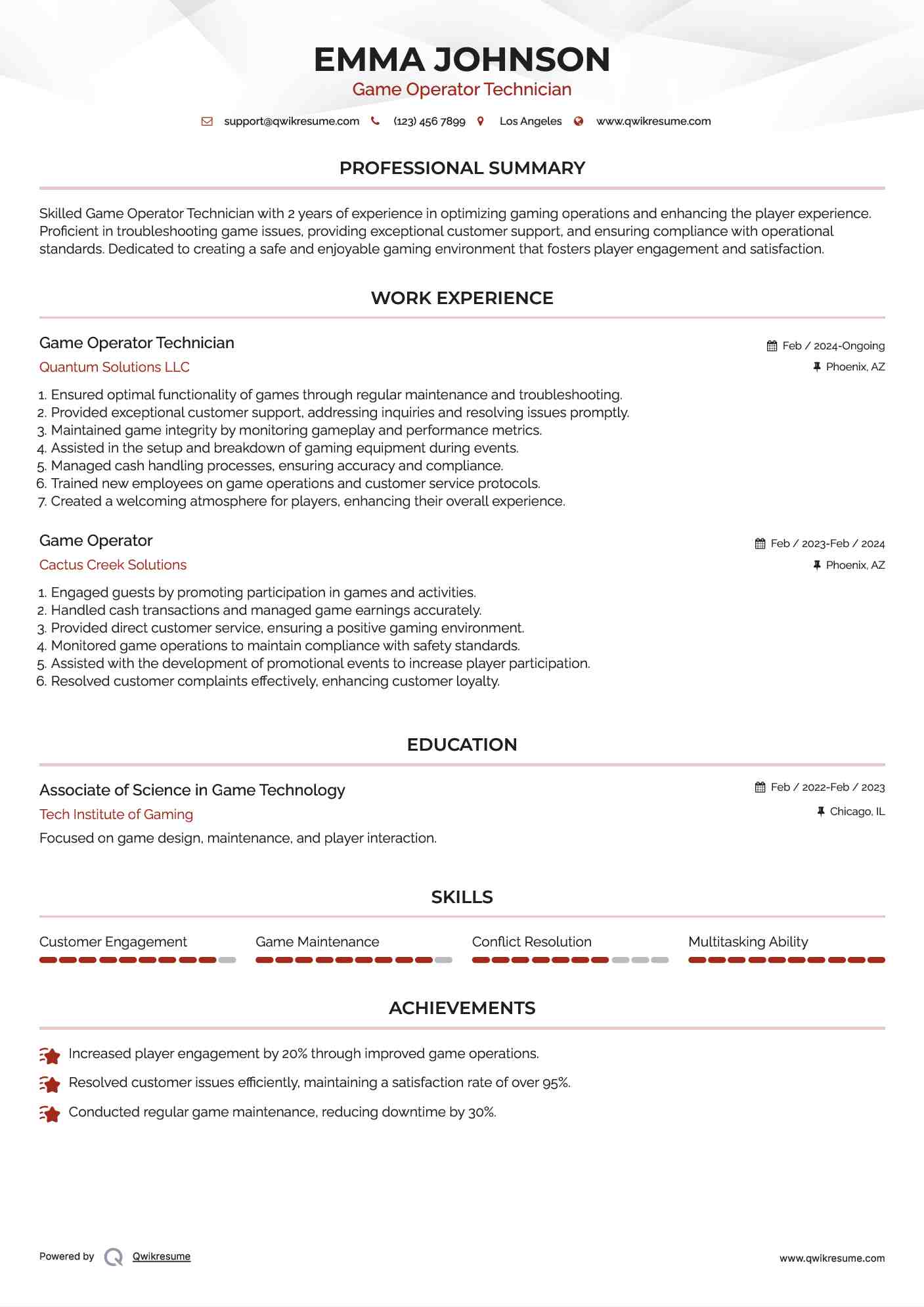 Game Operator Technician Resume Format