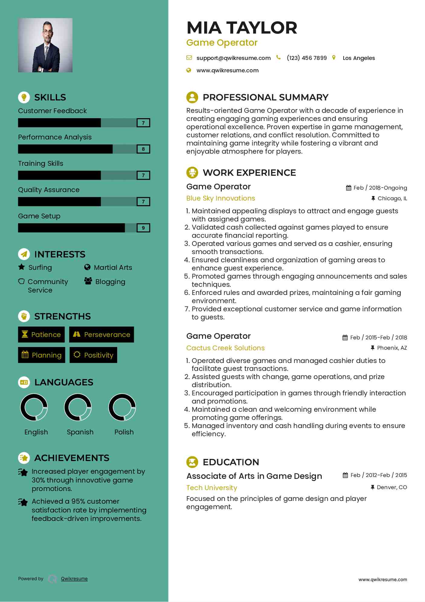 Game Operator Resume Format