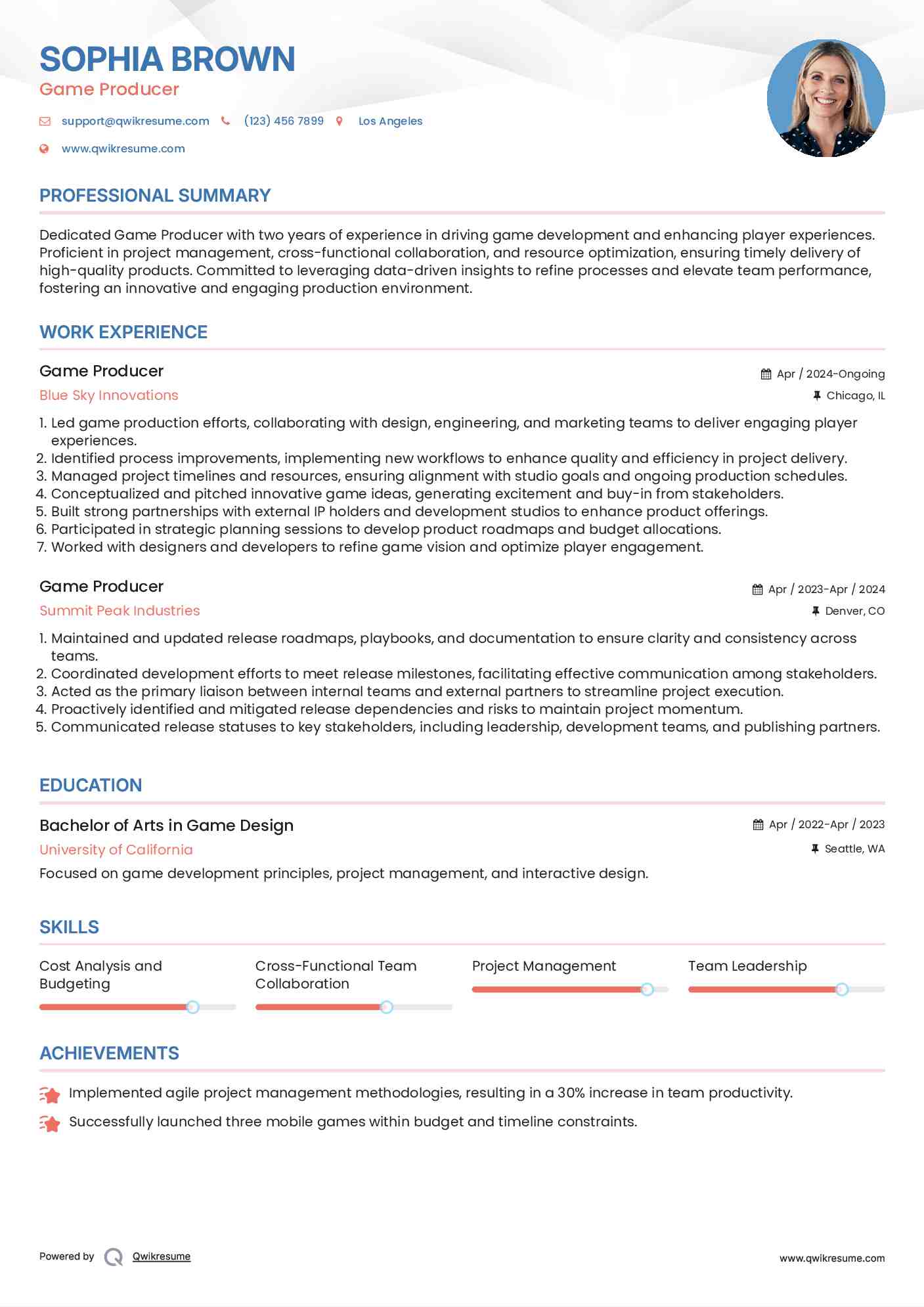 Game Producer Resume Format